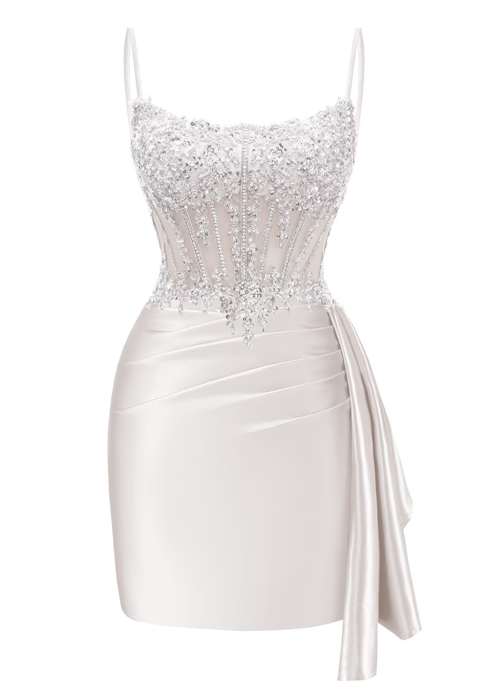 Satin Mermaid Homecoming Dresses 2026 Square Neck Beaded Short Prom Dress | Spaghetti Strap,Ruched,Tight,Bodycon,Sparkle,Sequin,Mini,Hoco Dresses,Club Dresses,Party Dresses