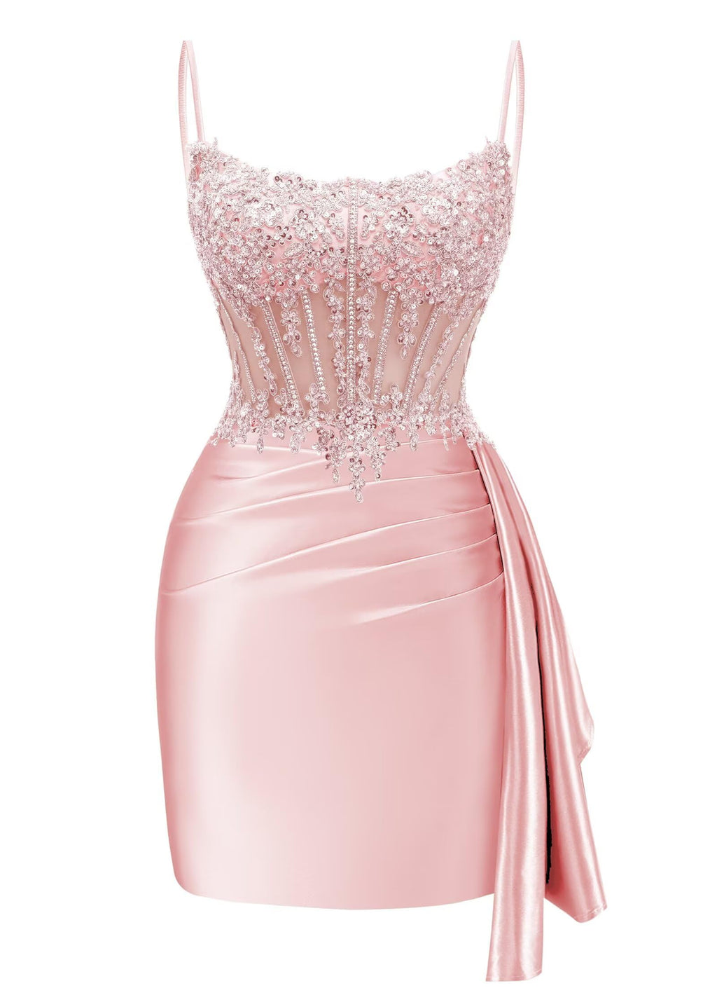 Satin Mermaid Homecoming Dresses 2026 Square Neck Beaded Short Prom Dress | Spaghetti Strap,Ruched,Tight,Bodycon,Sparkle,Sequin,Mini,Hoco Dresses,Club Dresses,Party Dresses