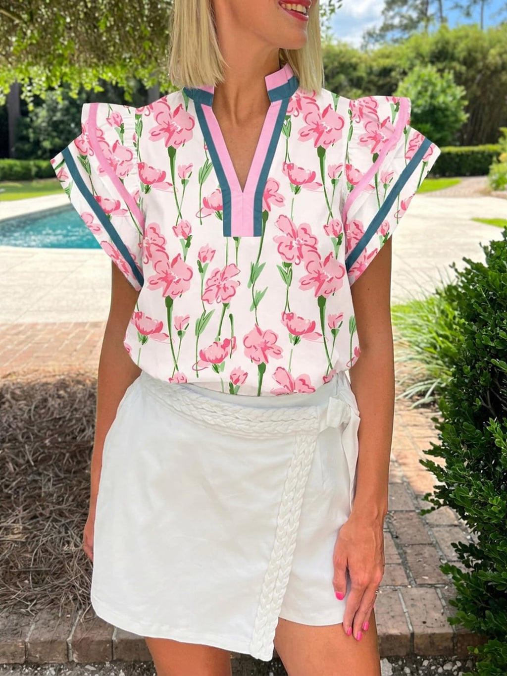 Cicy Bell Womens Ruffle Cap Sleeve Tops Summer V Neck Dressy Casual Blouses | Color Block, Boutique Tops, Pleated Shirt, Loose Fit, Wear to Work, 2026 Fall Outfits