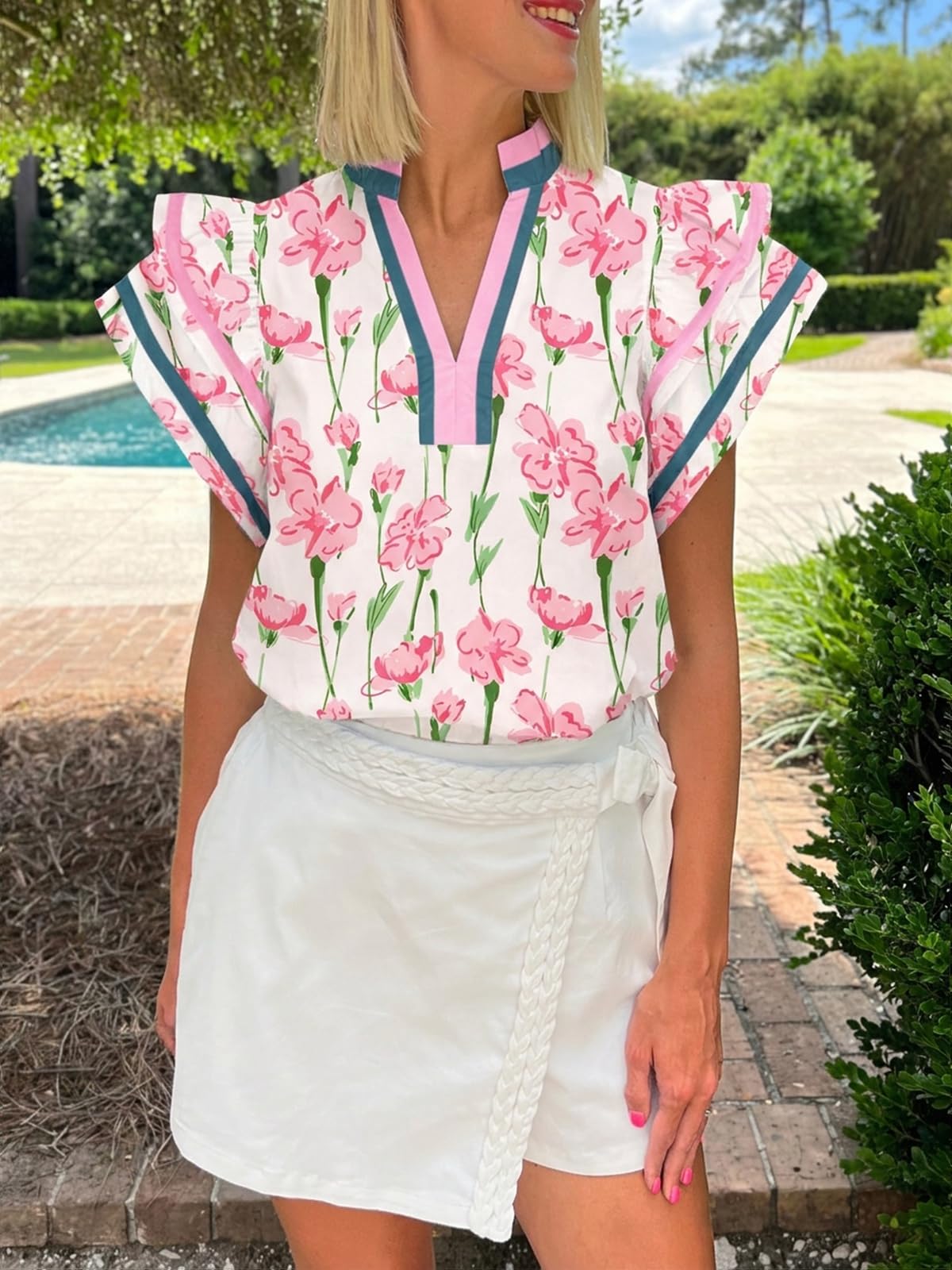 Cicy Bell Womens Ruffle Cap Sleeve Tops Summer V Neck Dressy Casual Blouses | Color Block, Boutique Tops, Pleated Shirt, Loose Fit, Wear to Work, 2026 Fall Outfits