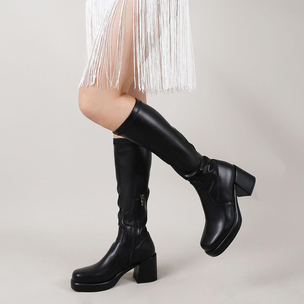 LanreyTaley Elastic Women Knee High Boots Platform Chunky Heel Tall Boots Suede Dress Boots Side Zipper Stretch Boots Fall