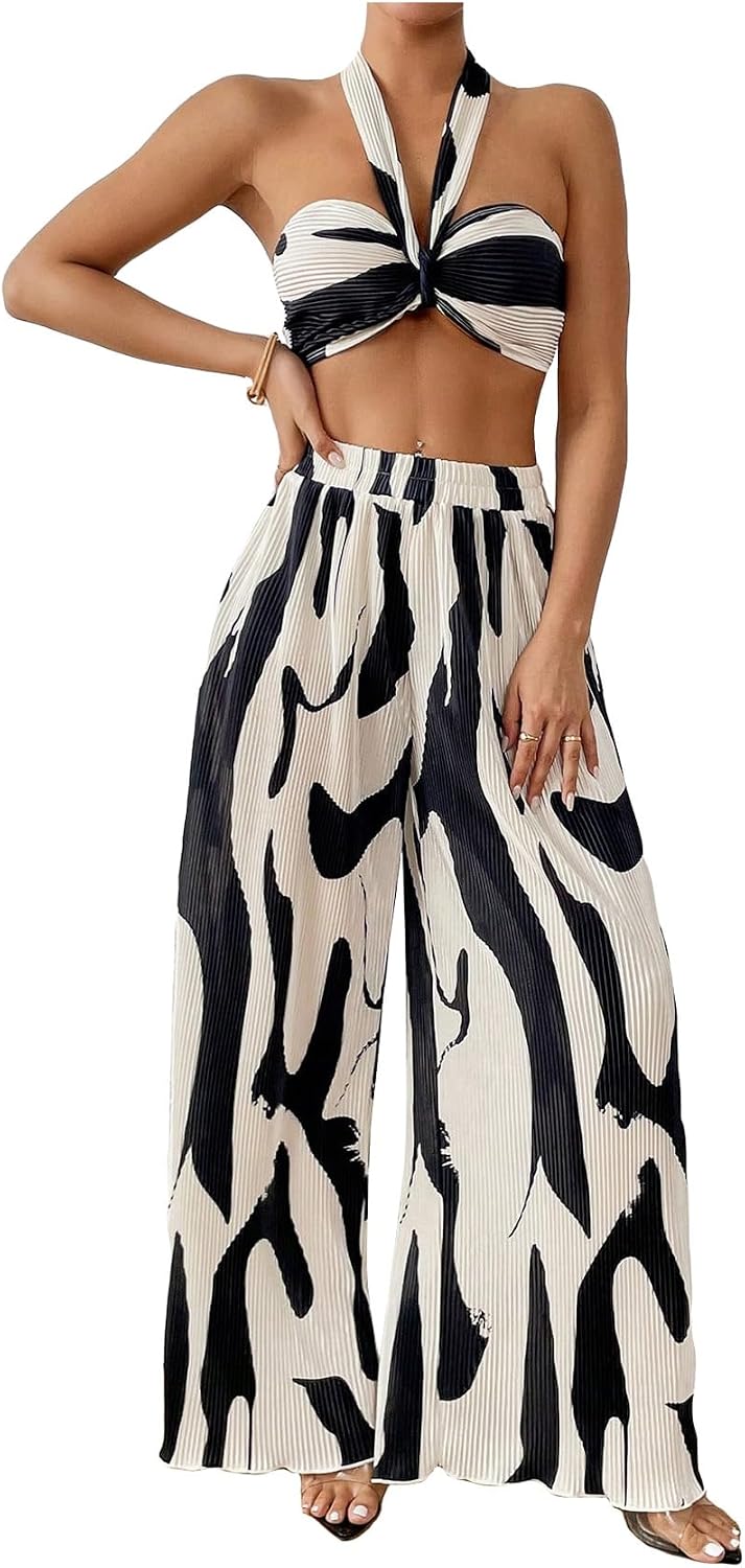 OYOANGLE Women's 2 Piece Graphic Halter Top Wide Leg Pants Vacation Outfits | Knitted, Sleeveless, Crop, High Waist, Beach Club, Summer Sets, Sexy Resort Wear