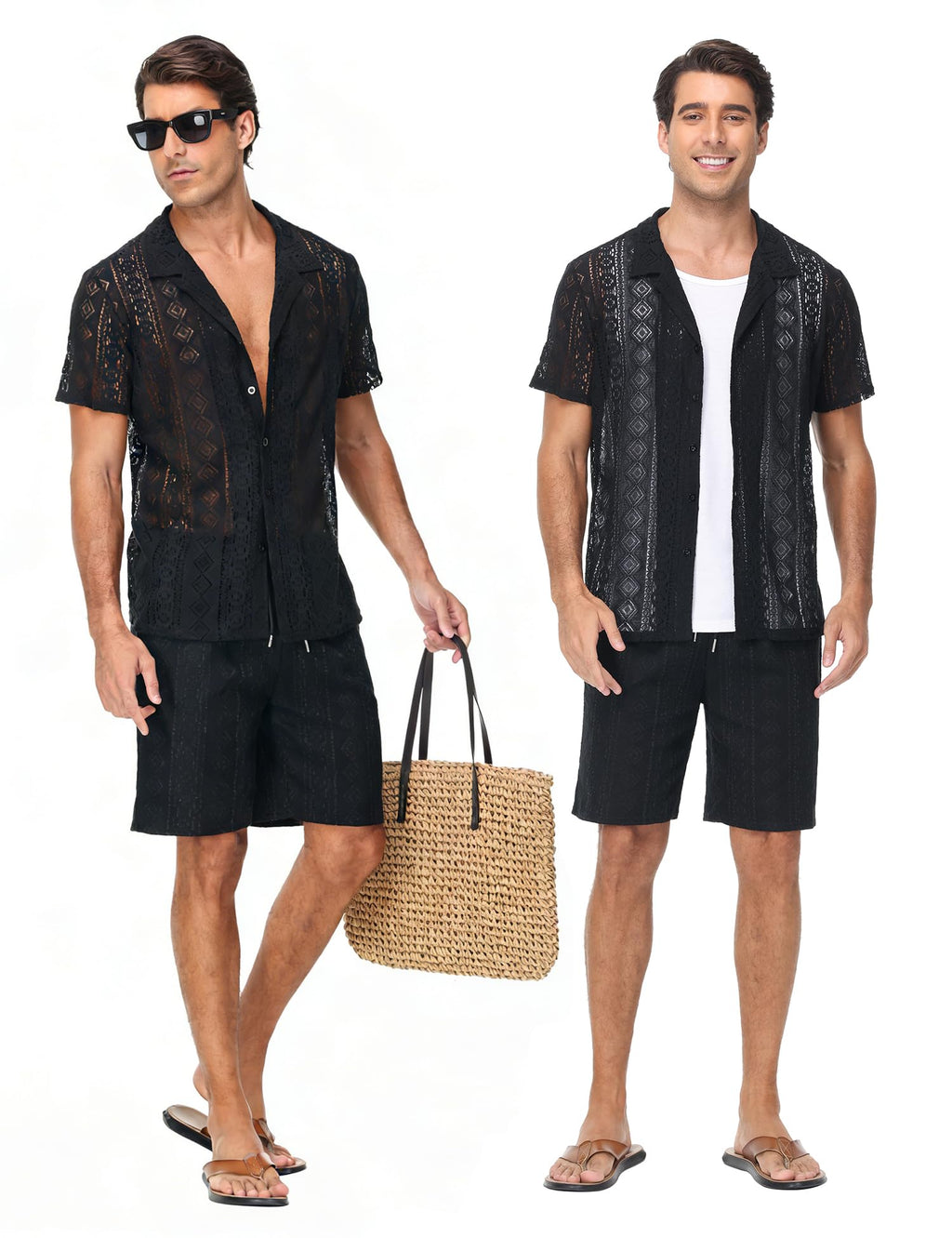 Men 2 Piece Shorts Set Sexy Lace Mesh Sheer Short Sleeve Summer Rave Outfit