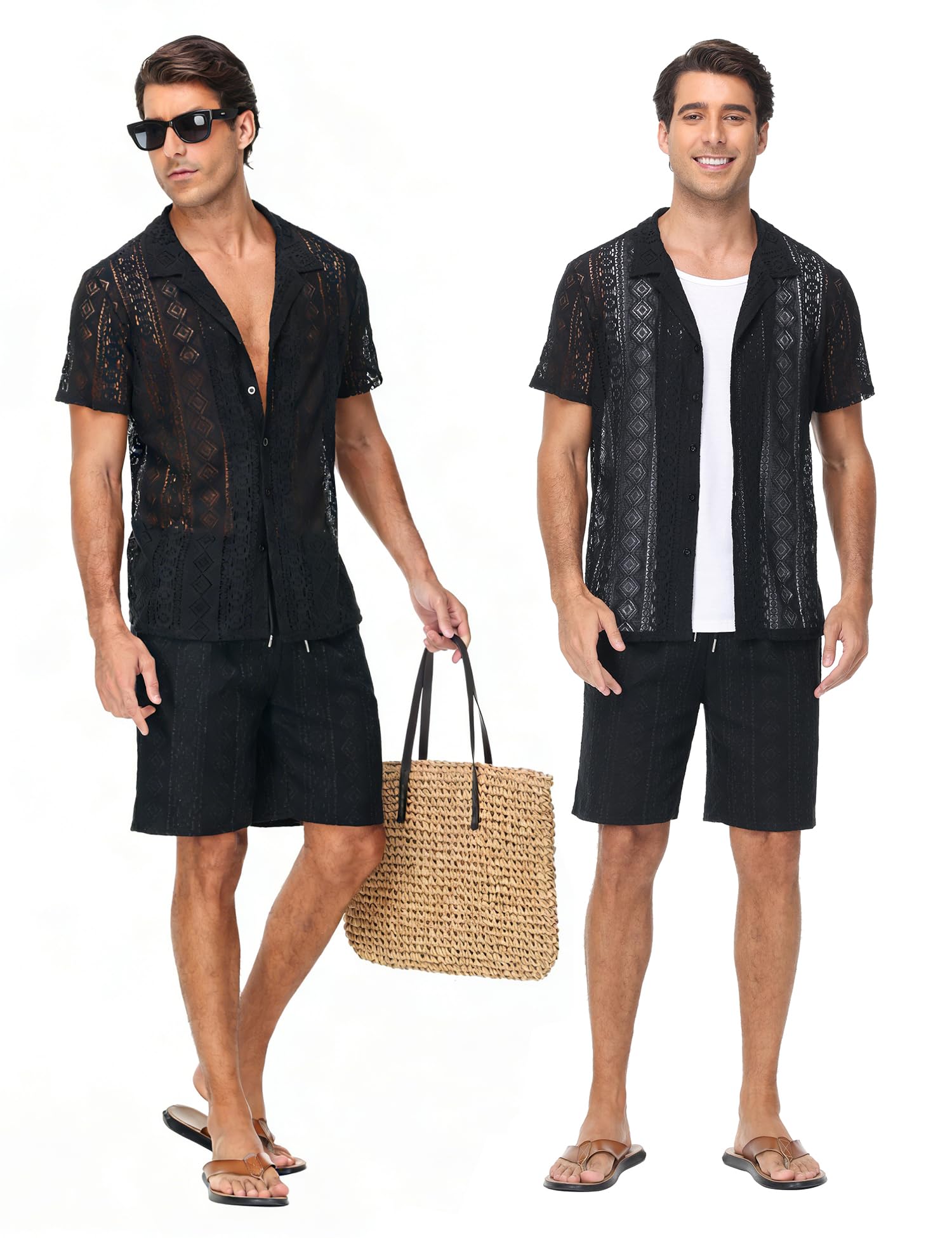 Men 2 Piece Shorts Set Sexy Lace Mesh Sheer Short Sleeve Summer Rave Outfit