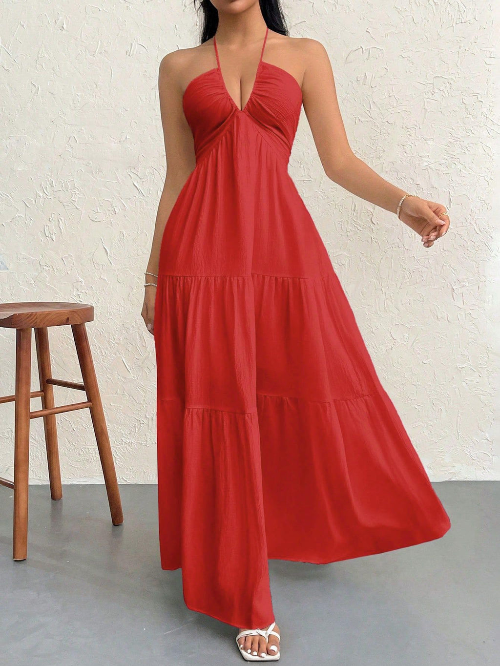 Narecte Women's Maxi Summer Dresses Halter V Neck Beach Dresses for Women A-Line Casual Dress for Vacation