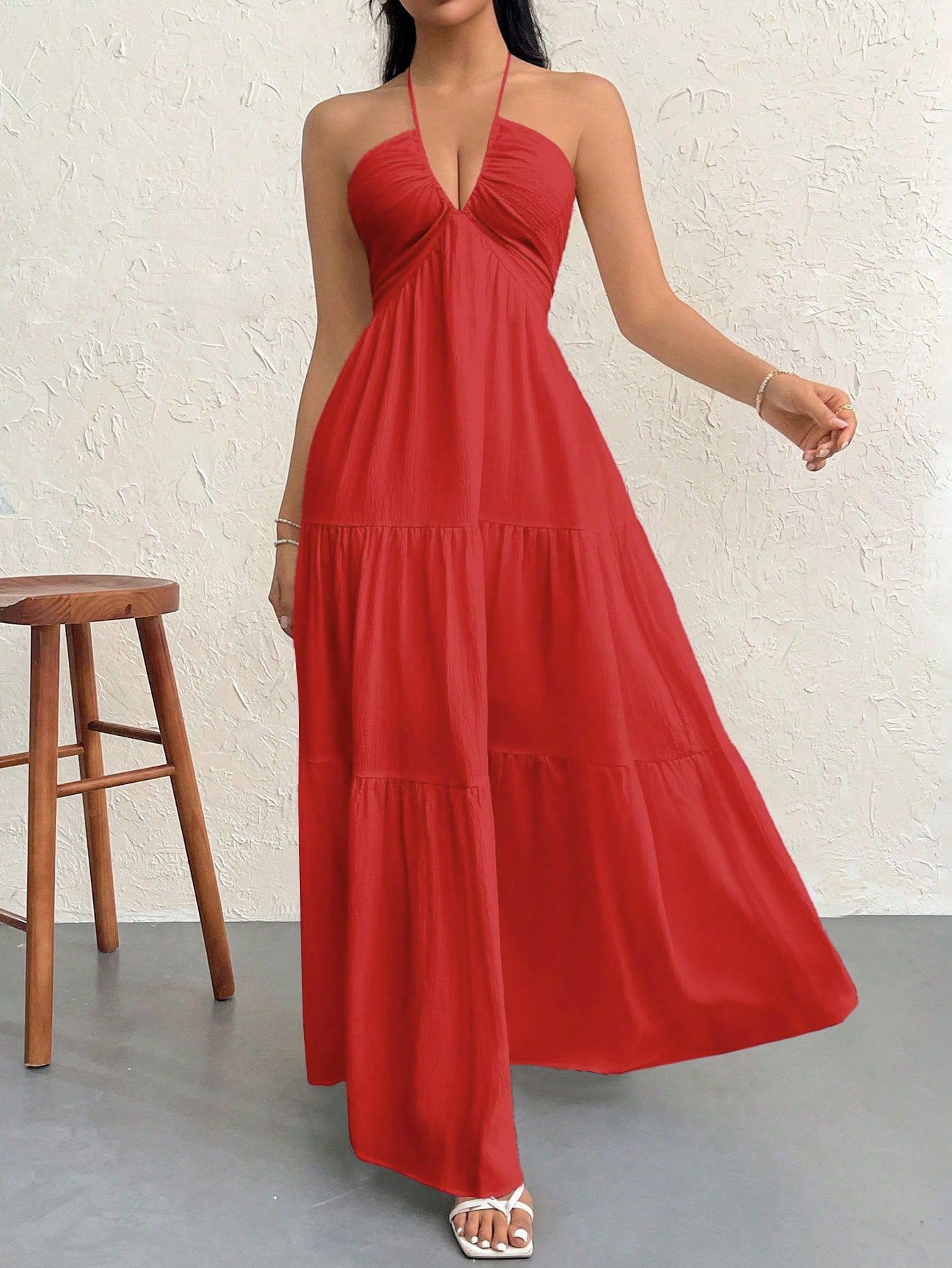 Narecte Women's Maxi Summer Dresses Halter V Neck Beach Dresses for Women A-Line Casual Dress for Vacation