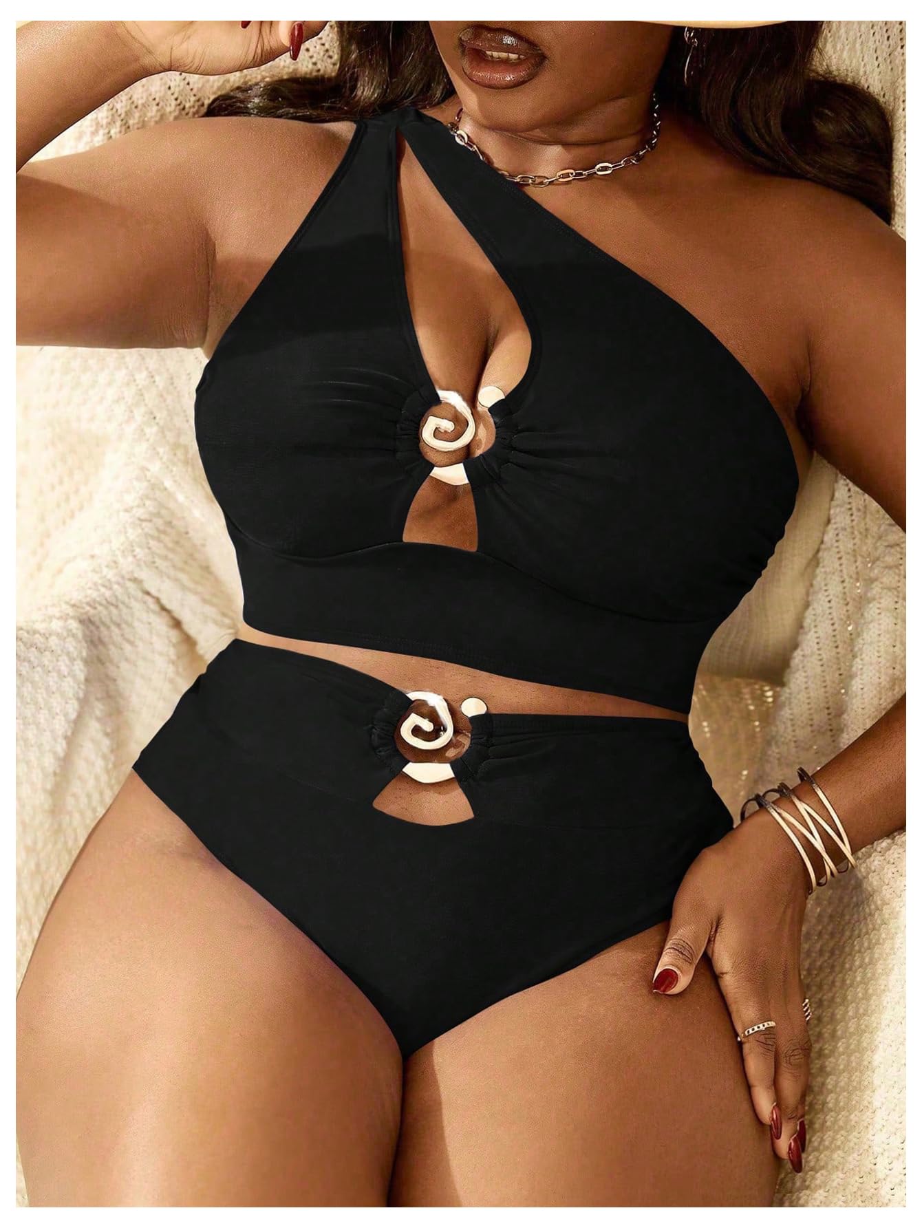 SOLY HUX Women's Plus Size Swimsuit One Shoulder Ring Bikini Sets | High Waist Cut Out Two Piece Bathing Suits, Curvy Summer Beach Vacation Swimwear