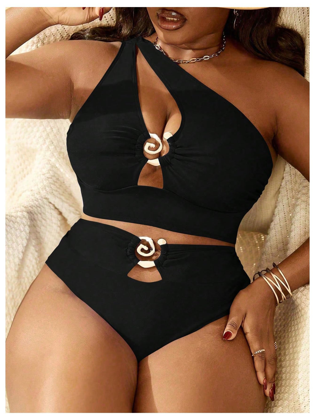 SOLY HUX Women's Plus Size Swimsuit One Shoulder Ring Bikini Sets | High Waist Cut Out Two Piece Bathing Suits, Curvy Summer Beach Vacation Swimwear
