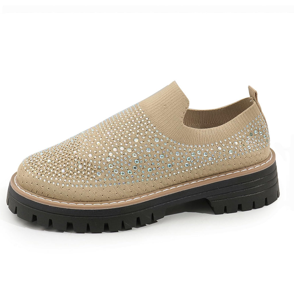 Women's Knit Rhinestone Platform Sock Sneakers Breathable Mesh Round Toe Slip On Lug Sole Loafers Lightweight Walking Sport Casual Shoes