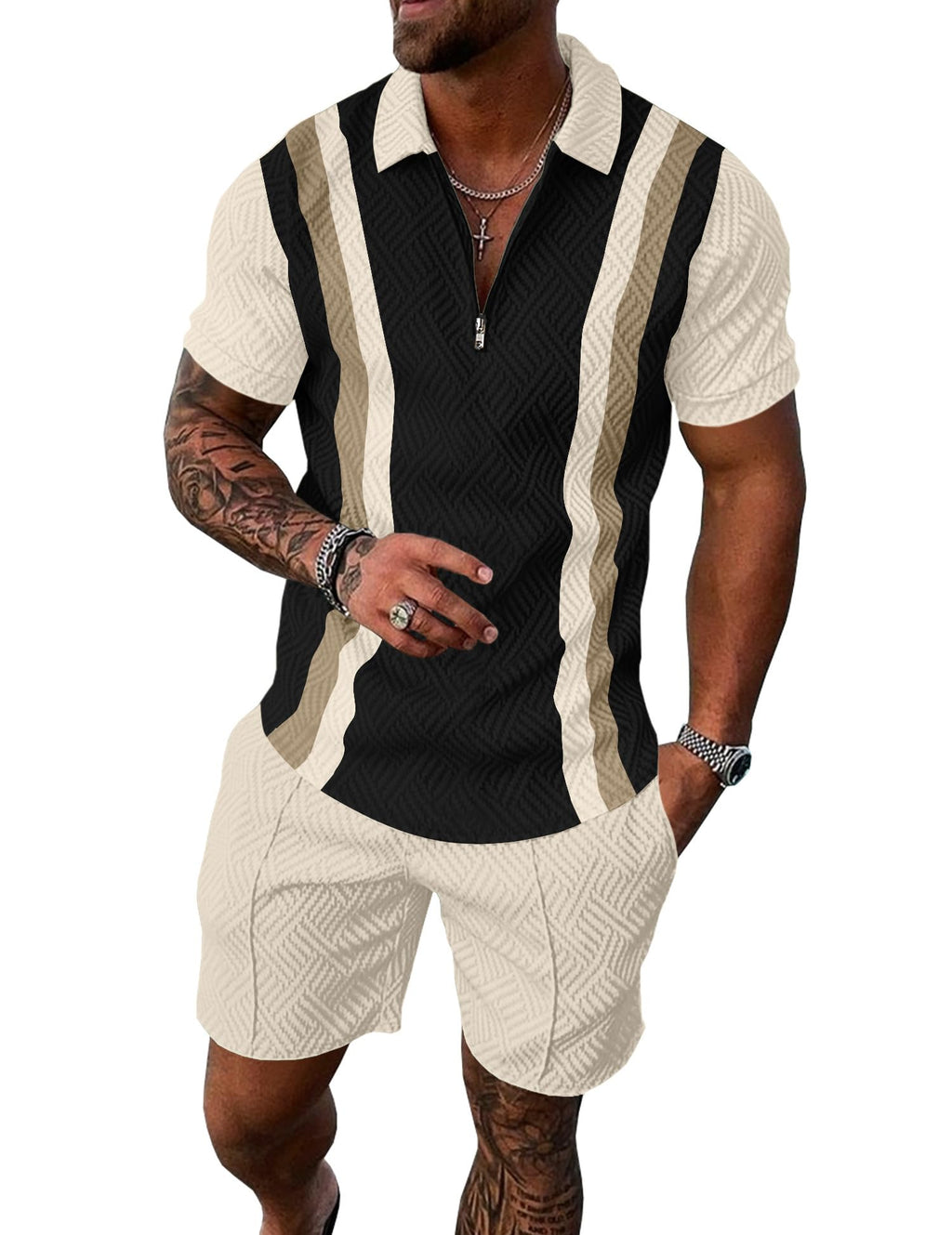 Mens Summer Track Suits 2 Piece Shorts Sets Short Sleeve Sweatsuit Outfits 1/4 Zip Golf Polo Splicing Striped Shirts