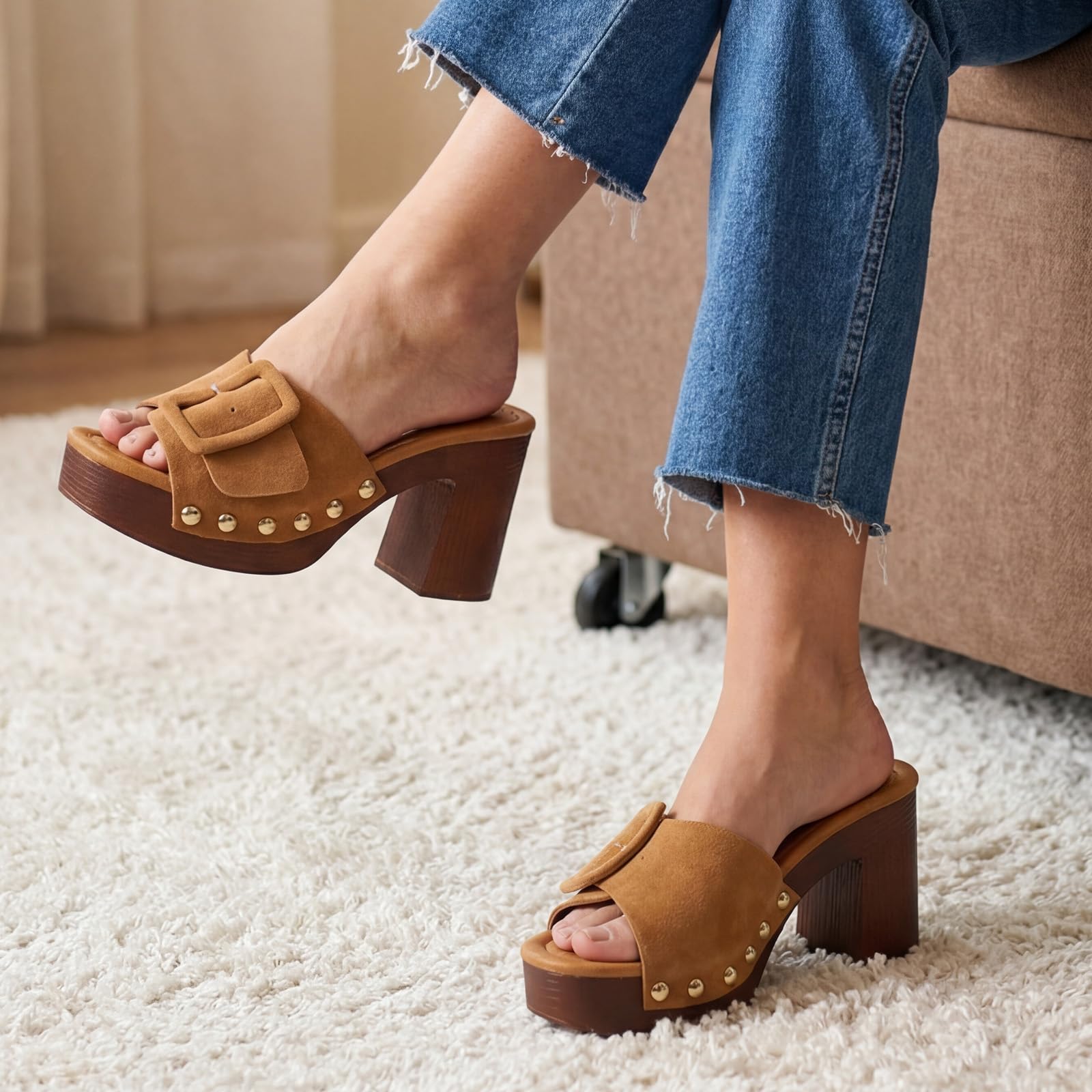 VICKI·VICKI Women's Platform Mules Suede Buckle Sandals, Sexy Open Toe High Chunky Block Heel Clogs, Retro Studded Summer Dress Slides