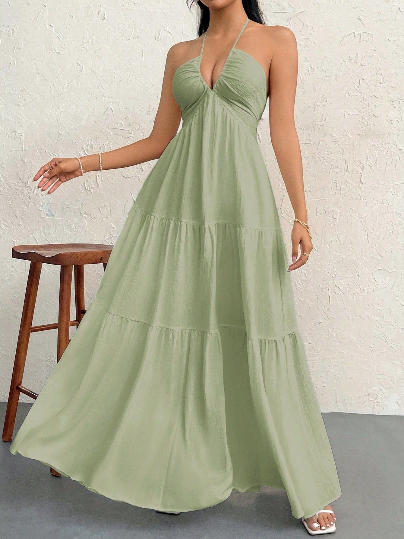 Narecte Women's Maxi Summer Dresses Halter V Neck Beach Dresses for Women A-Line Casual Dress for Vacation