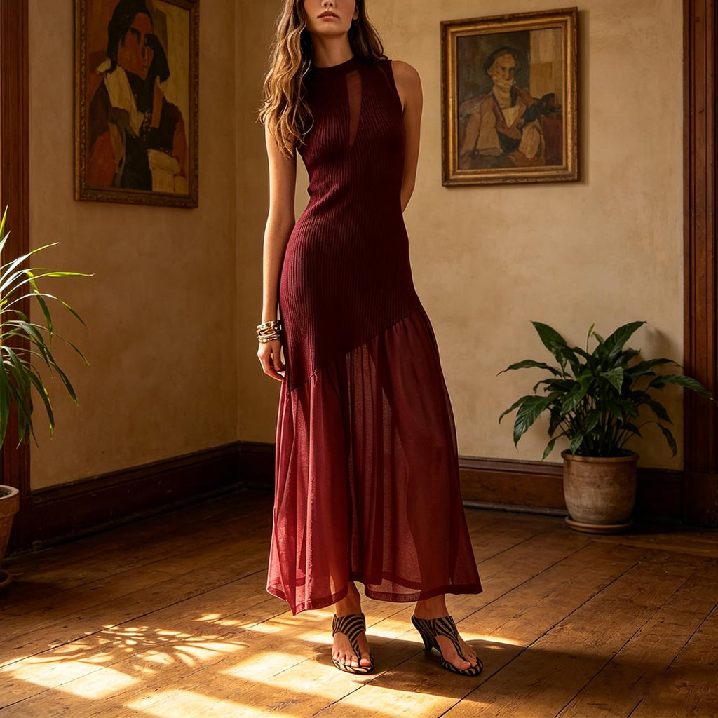 Women's Washed Faux Denim Patchwork Maxi Dress with Sheer Layered Skirt Hem Swing Ruffle Jean Dress for Casual Vacations
