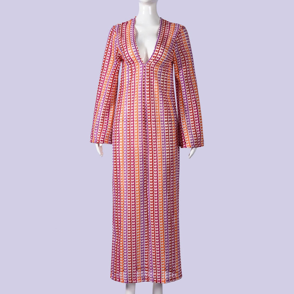 Womens Crochet Colorful Bell Long Sleeve V Neck Loose Maxi Dress Sexy Boho Eyelet Long Sundresses with Slit