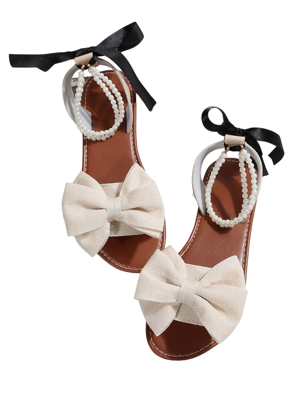 GORGLITTER Women's Bow Pearl Open Toe Ankle Strap Sandals Slippers Shoes | Sandals with Bow,Sandals Women Comfortable, Dressy Sandals Women, Y2k Dress Sandals for Women