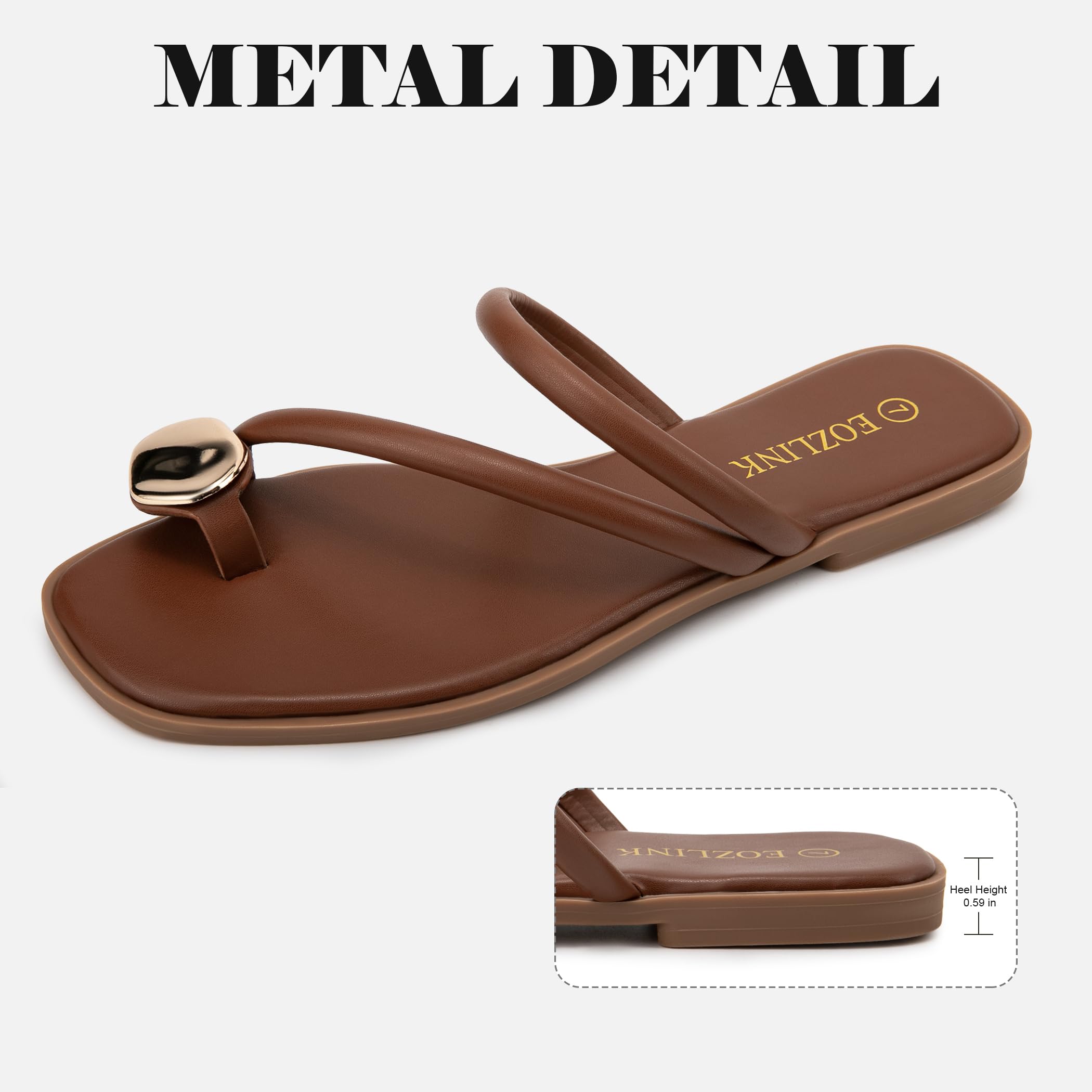 Eozlink Women's Toe Ring Flat Sandals, Slip On Dressy Summer Slides | PU Upper with Square Toe and Metal Accent for Resort and Casual Outfits