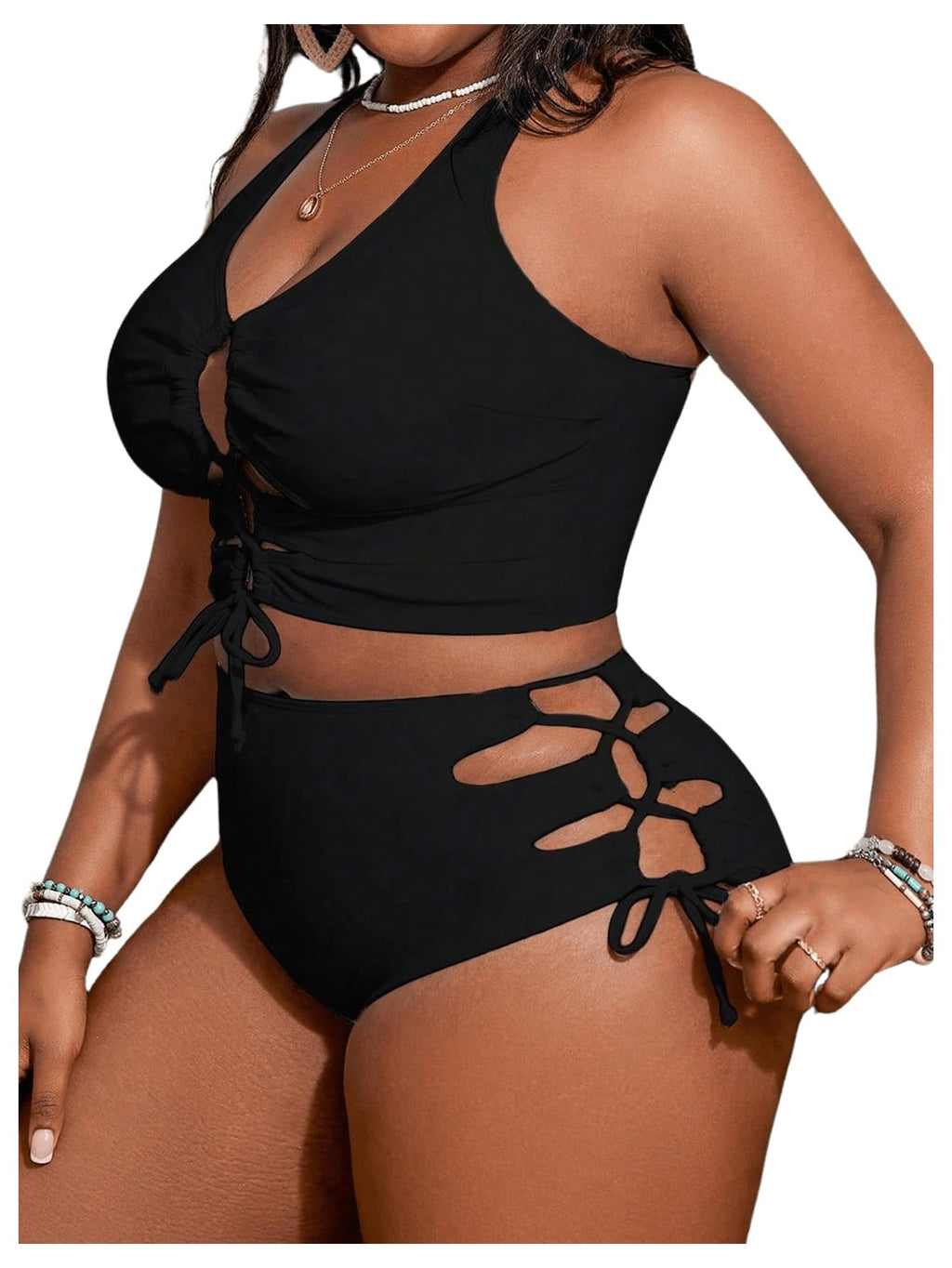 SOLY HUX Womens Plus Size Two Piece Bathing Suit Bikini Swimsuit | Tummy Control, High Waisted Bikini Sets, Adjustable Tie String, Sexy