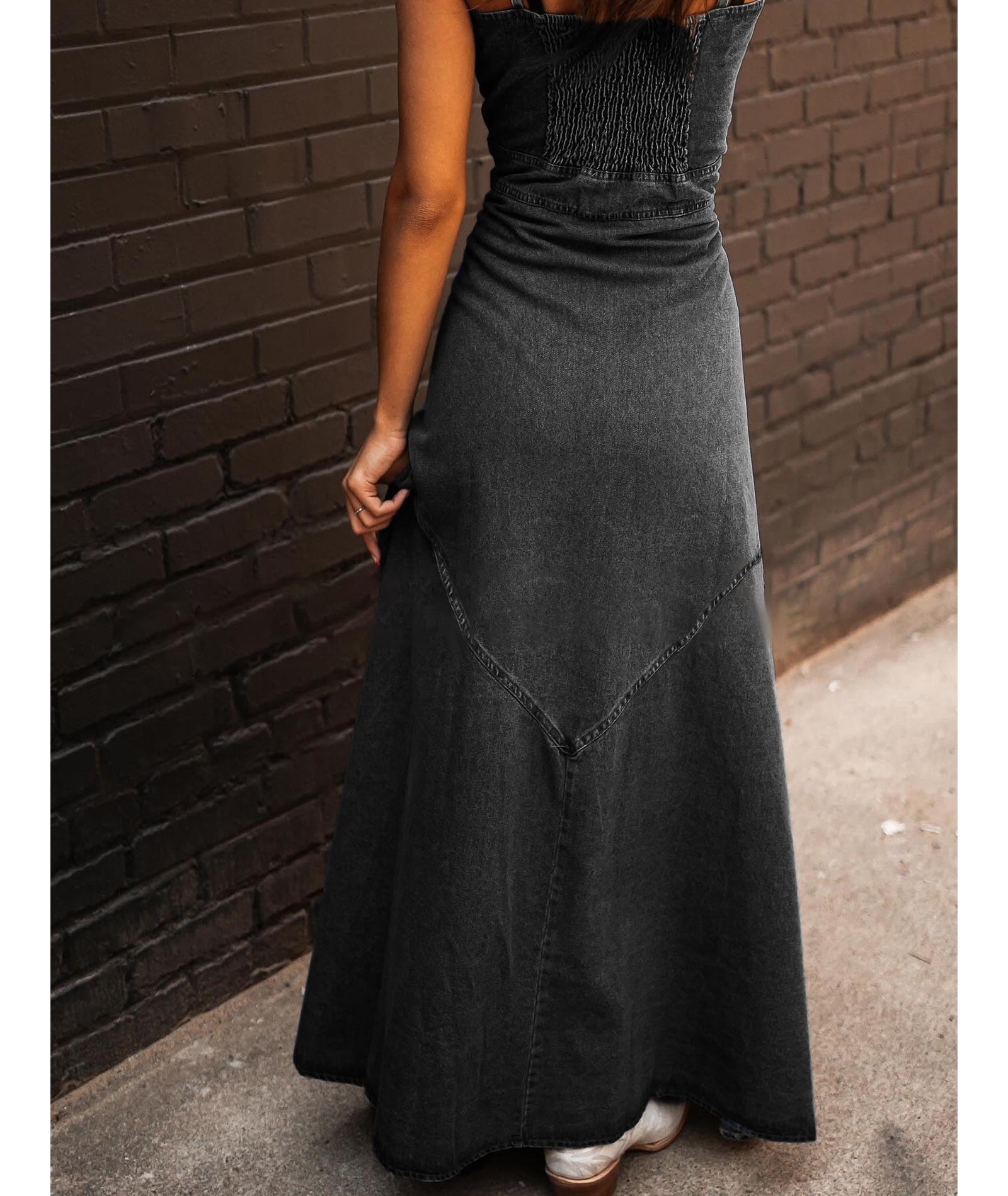 Sexyshine Women's Button Down Smocked Denim Dress Spaghetti Strap Sleeveless A-Line Flared Flowy Maxi Jean Dress