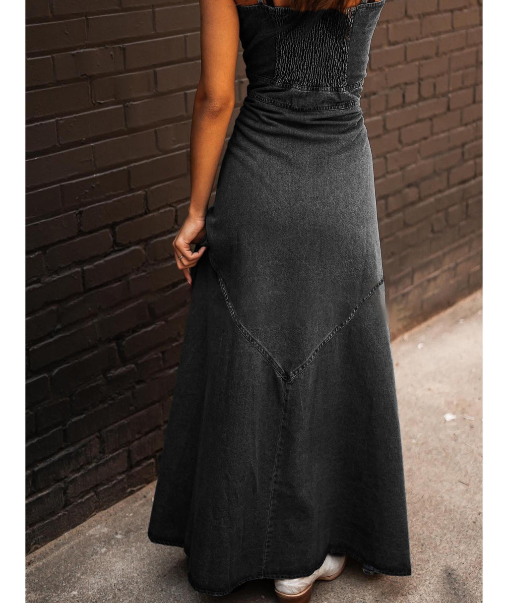 Sexyshine Women's Button Down Smocked Denim Dress Spaghetti Strap Sleeveless A-Line Flared Flowy Maxi Jean Dress