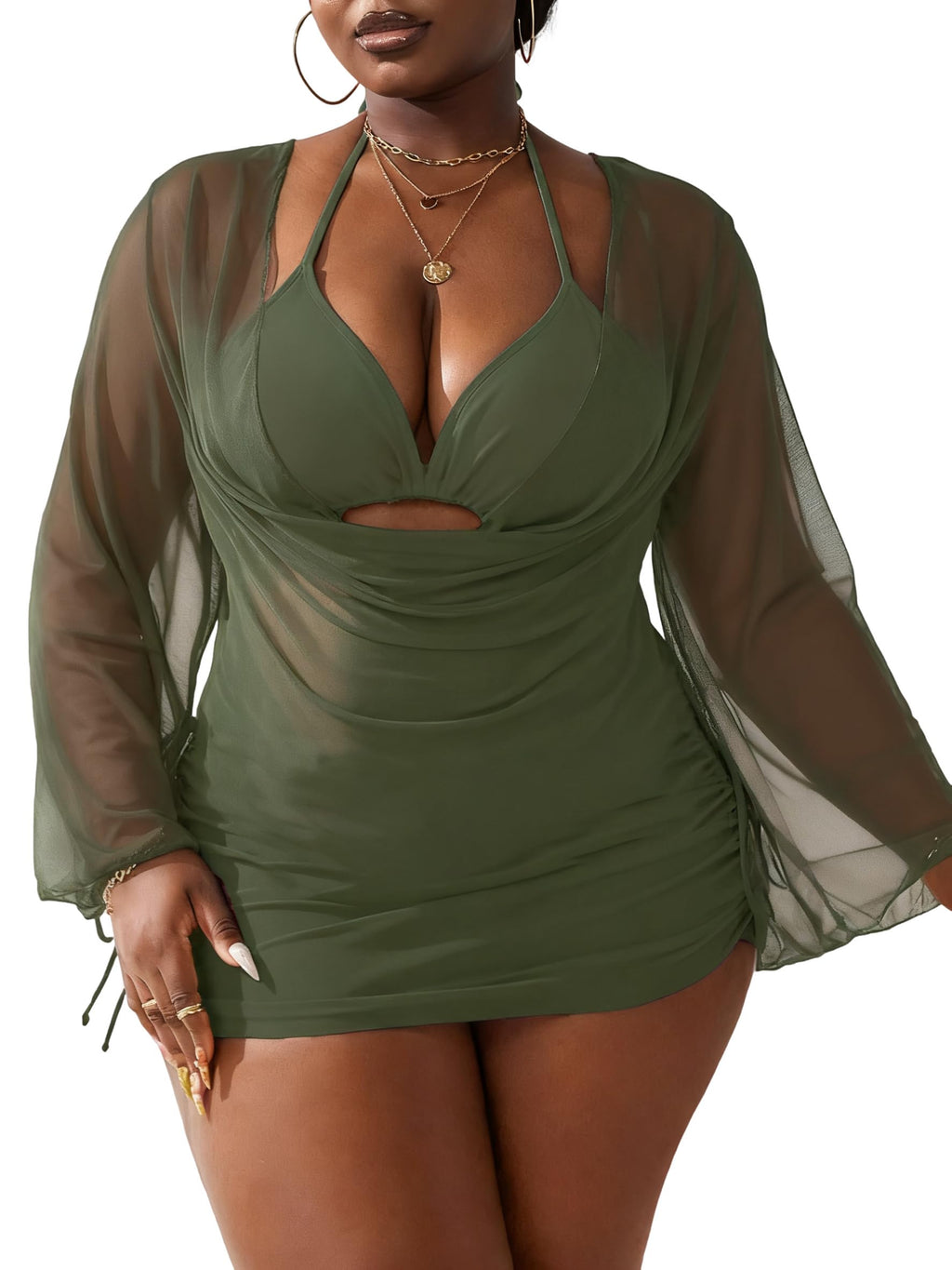 WODECASA Women's Plus Size 3 Piece Swimsuits Halter Triangle Bikini Set with Drawstring Semi Sheer Cover Up Bathing Suit