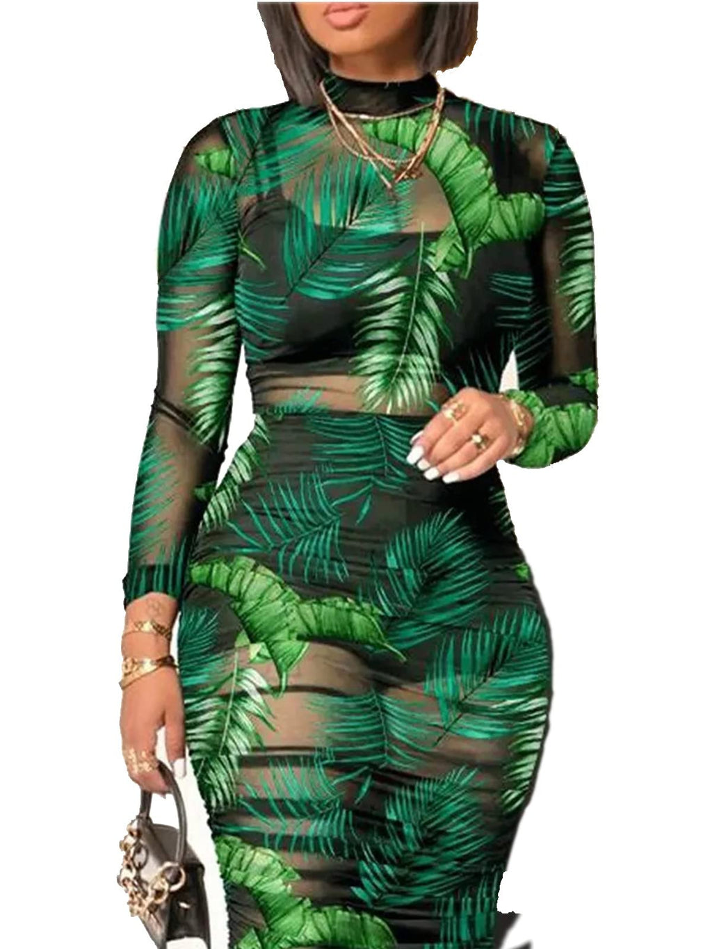 Women Sexy See Through Sheer Mesh Bodycon Midi Dress Long Sleeve Skirt 3 Piece Outfits Set Floral Print Cover Up