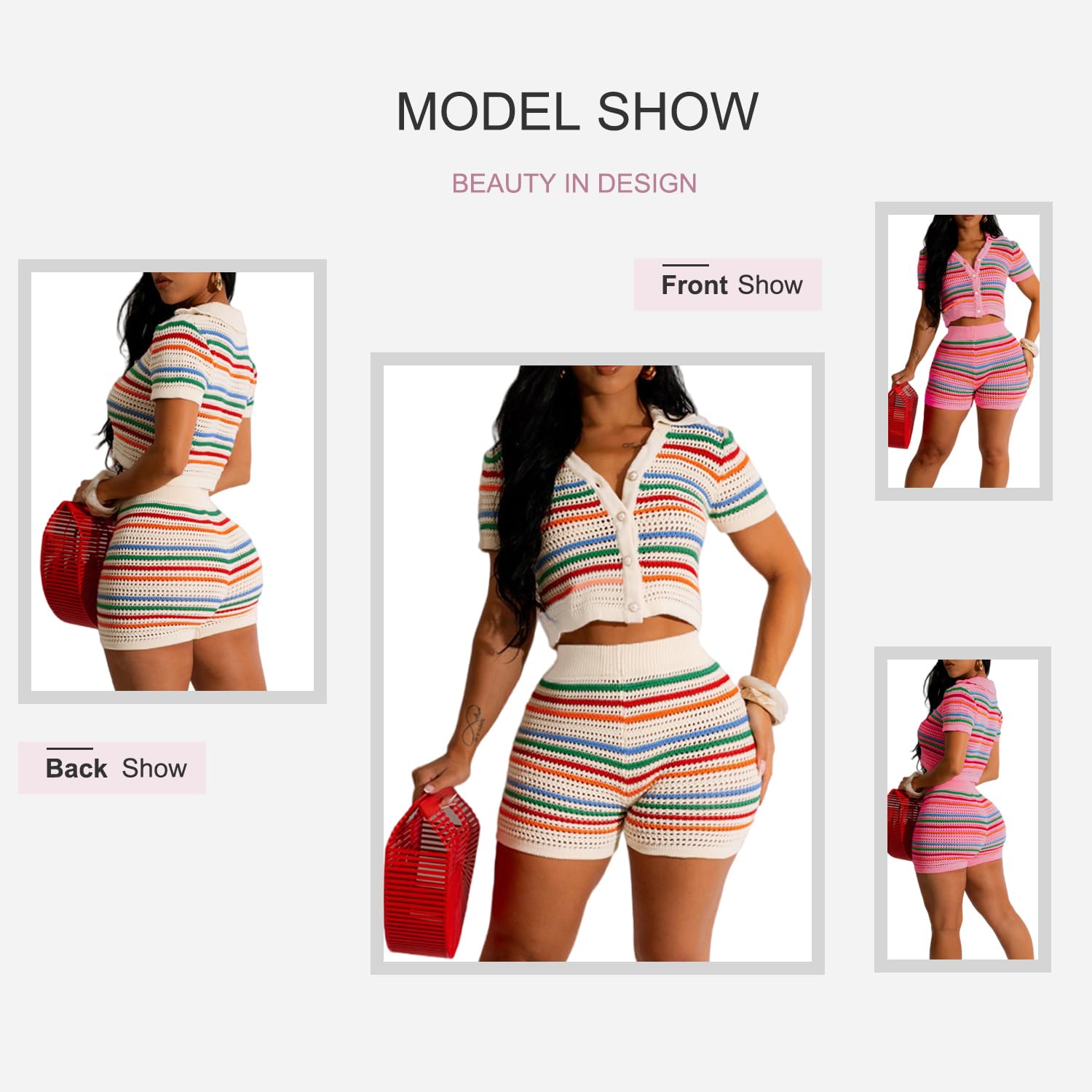 Women 2 Piece Sets Summer Outfits Crochet Button Down Shirts Hollow Out See Through Color Block Tracksuit Shorts Sets