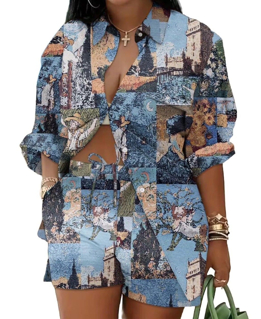 Mandonce 2 Piece Outfits for Women Long Sleeve Printed Shirt and Elastic Lace-Up Shorts with Pockets Beach Vacation Clothes