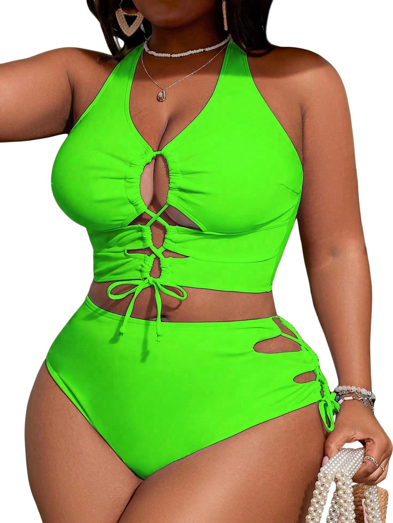 SOLY HUX Womens Plus Size Two Piece Bathing Suit Bikini Swimsuit | Tummy Control, High Waisted Bikini Sets, Adjustable Tie String, Sexy