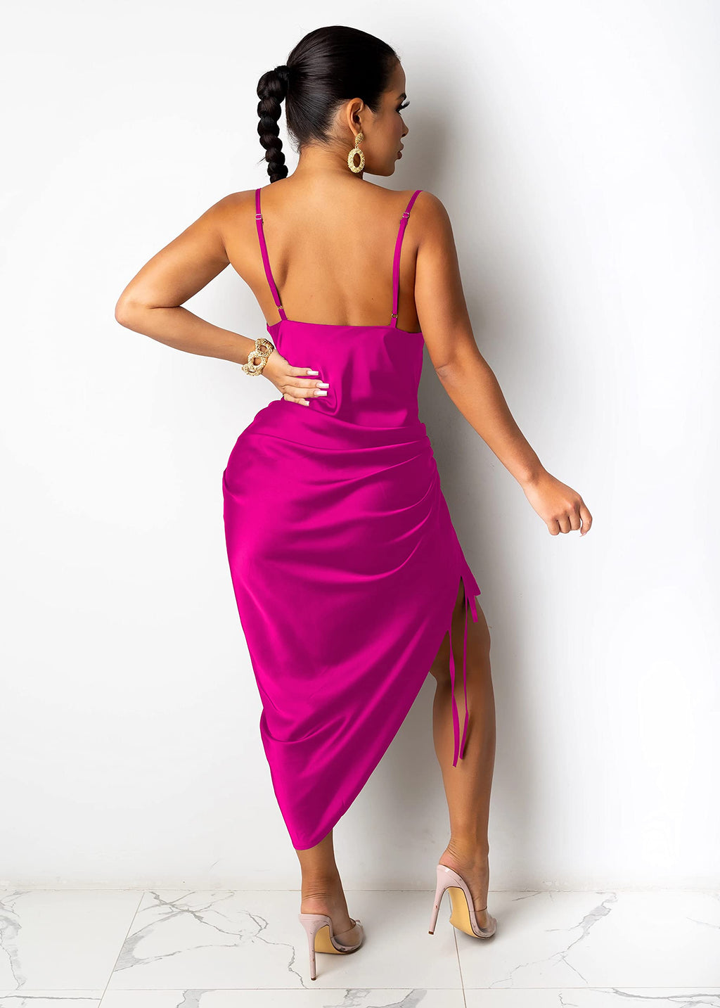 Women's Spaghetti Strap Satin Dress Sexy Backless Drawstring Ruched Split Hem Cocktail Evening Party