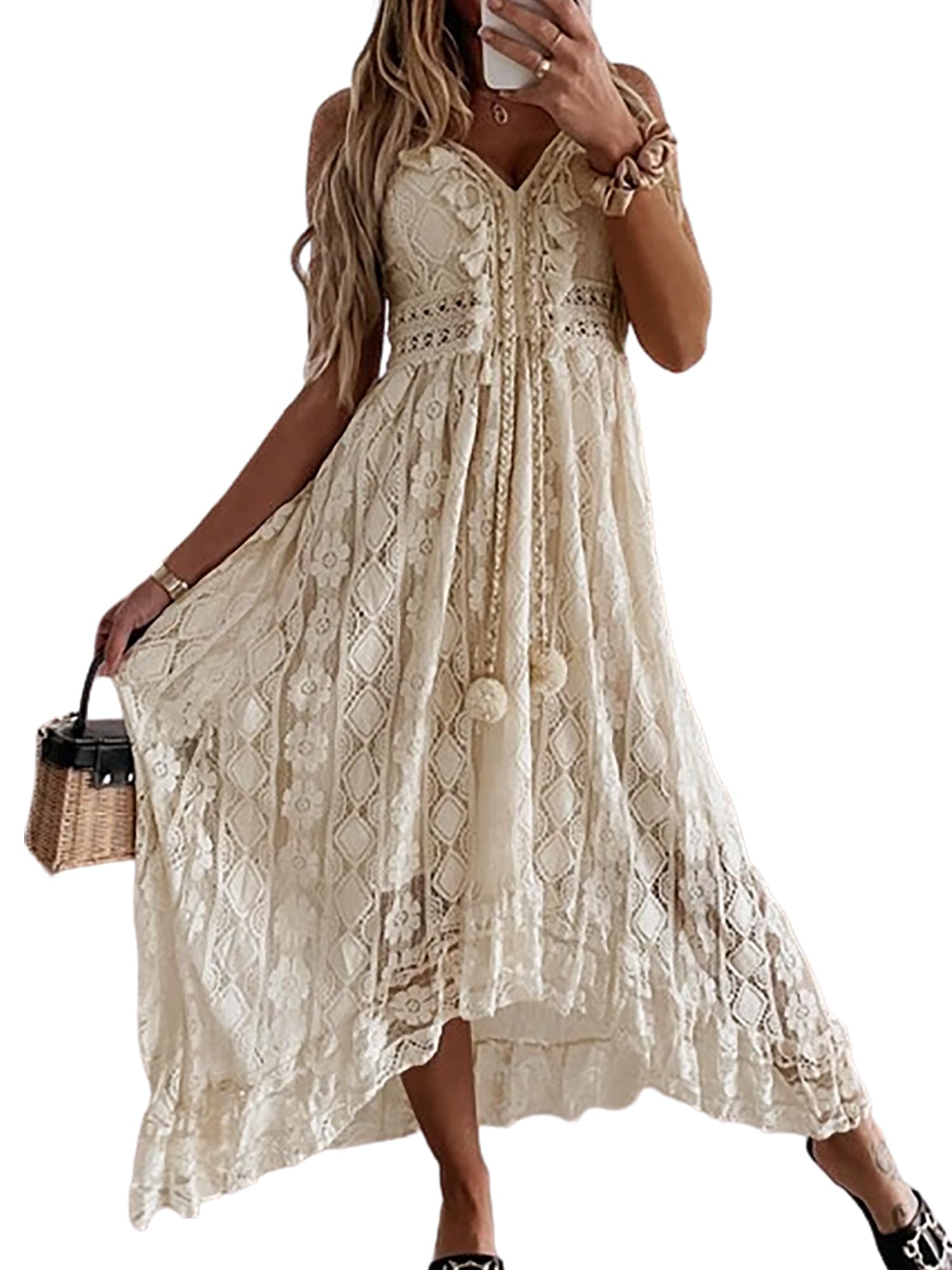 CUPSHE Womens Lace Summer Maxi Dresses 2026 Beach Wear | V Neck Spaghetti Straps Sundress, Tassel, Boho Pom Poms, Flowy Vacation Outfits, Resort Wear, Graduation Wedding Guest Looks