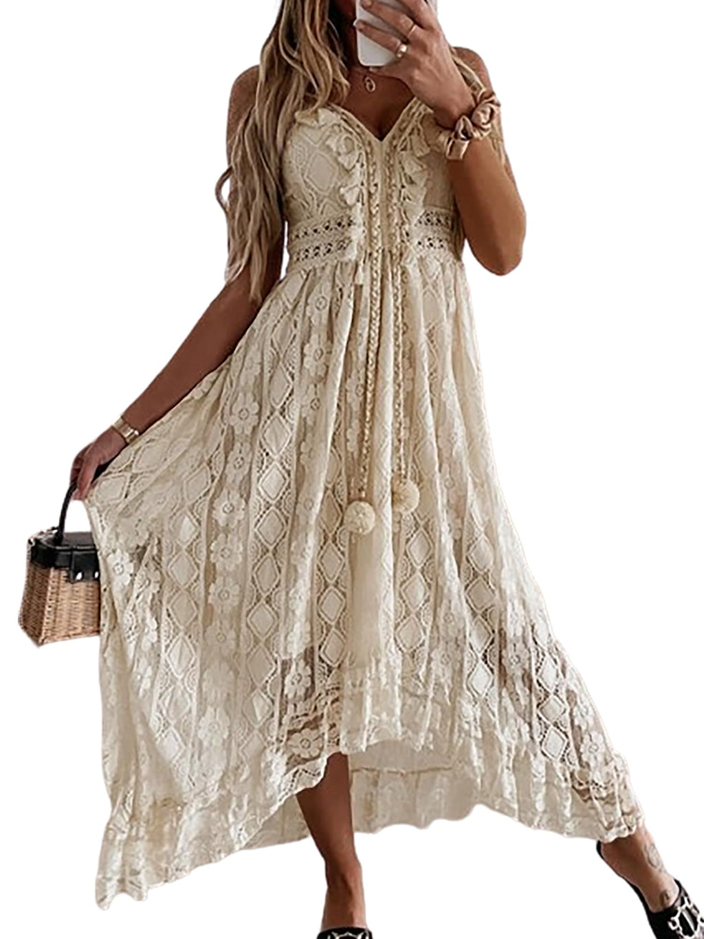 CUPSHE Womens Lace Summer Maxi Dresses 2026 Beach Wear | V Neck Spaghetti Straps Sundress, Tassel, Boho Pom Poms, Flowy Vacation Outfits, Resort Wear, Graduation Wedding Guest Looks