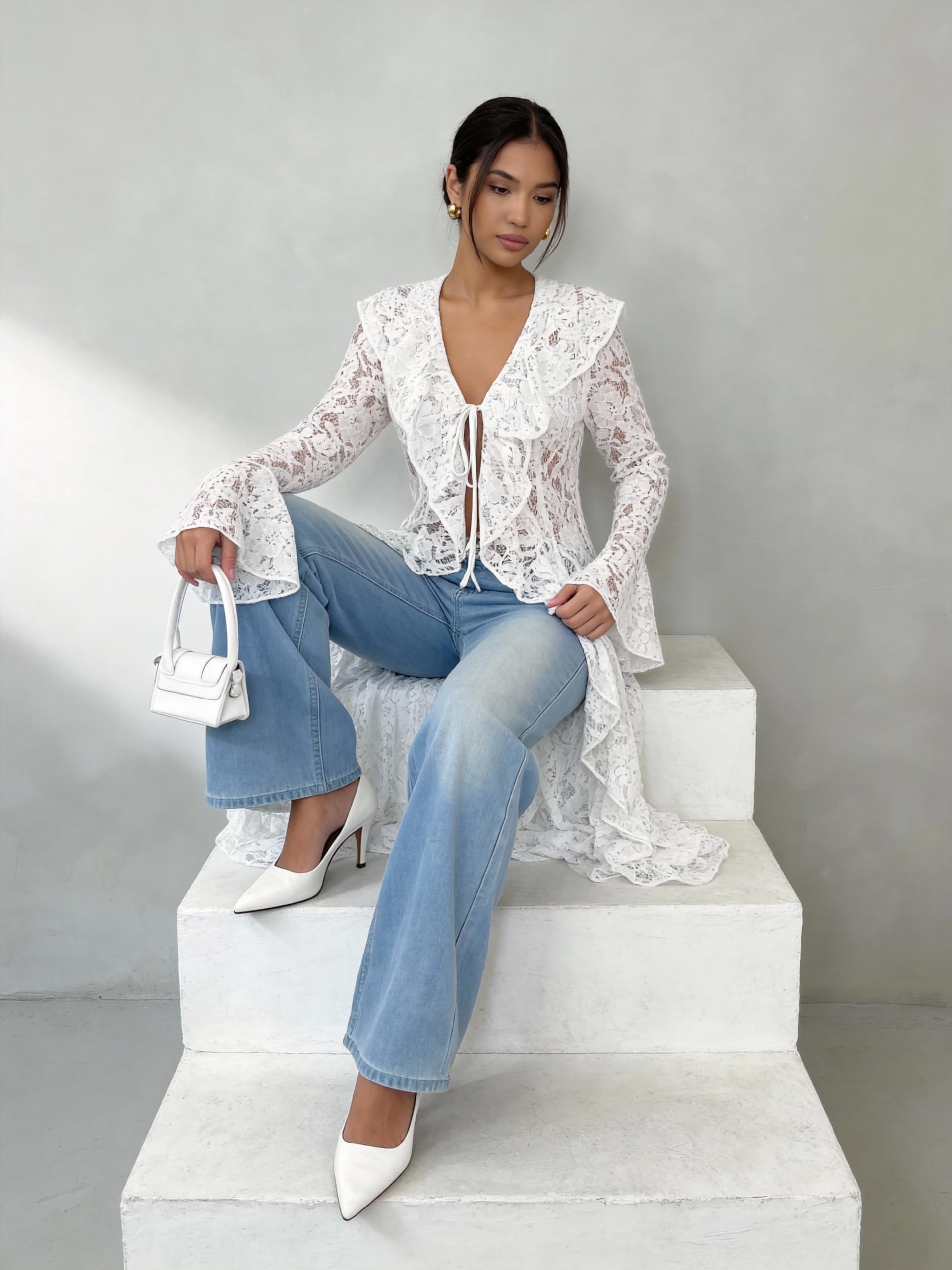 Lace Cardigan for Women Maxi Summer Lightweight Open Front Tie Bell Long Sleeve Ruffled Tops Duster Swimsuit Cover Up