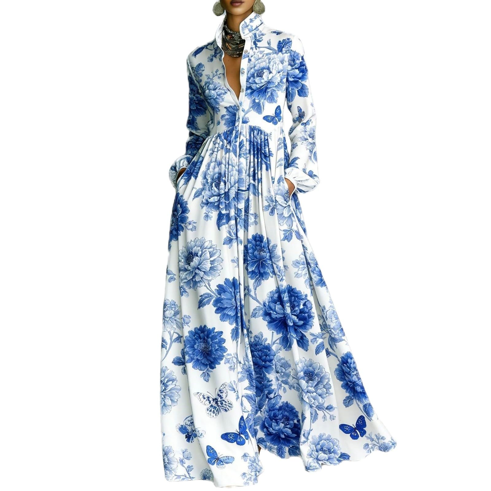 Women Maxi Dress Stand Collar Button Front Pocket Beach Vacation Casual | Flowy maxi dress stand collar, button front, functional pockets, long lantern sleeves, A-line skirt, beach vacation daily