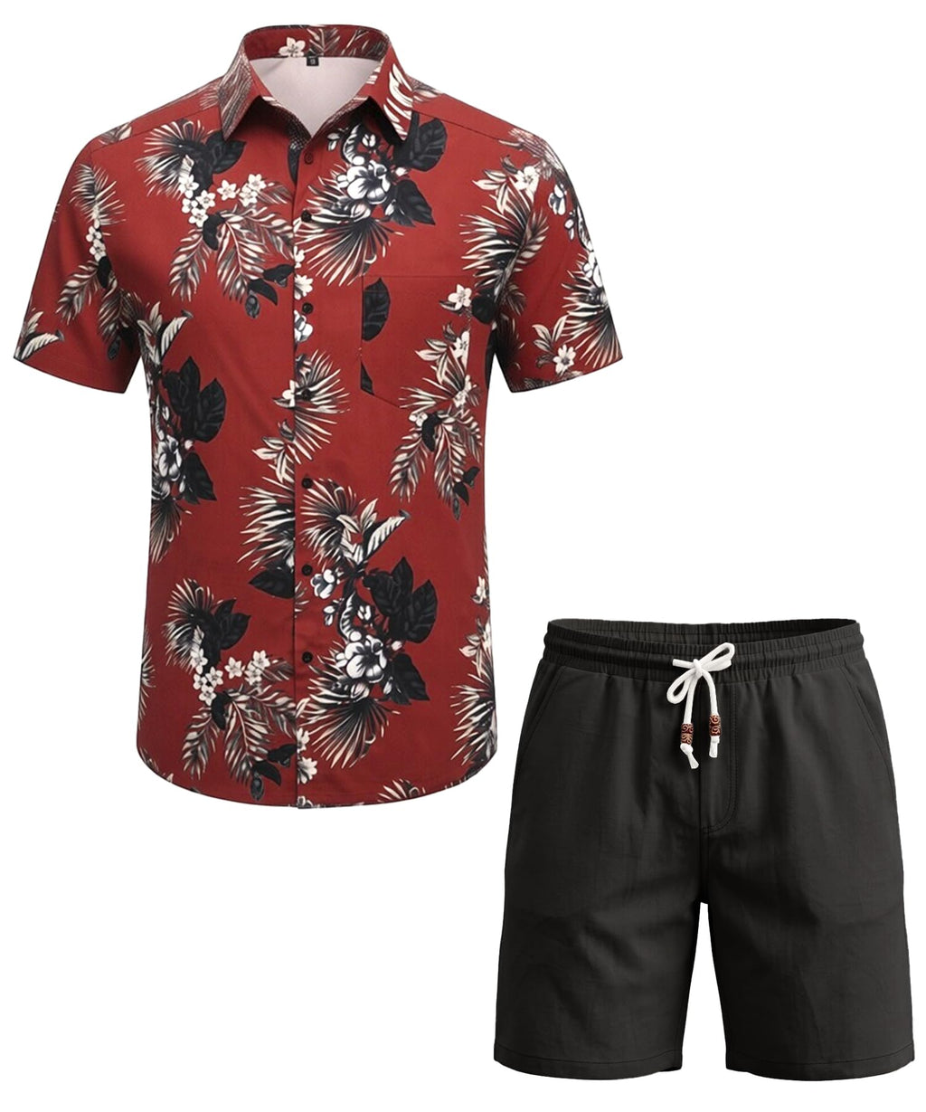 JEMLDL Men's Hawaiian 2 Piece Outfits Floral Button Down Shirts & Linen Shorts Sets Summer Beach Travel Clothes