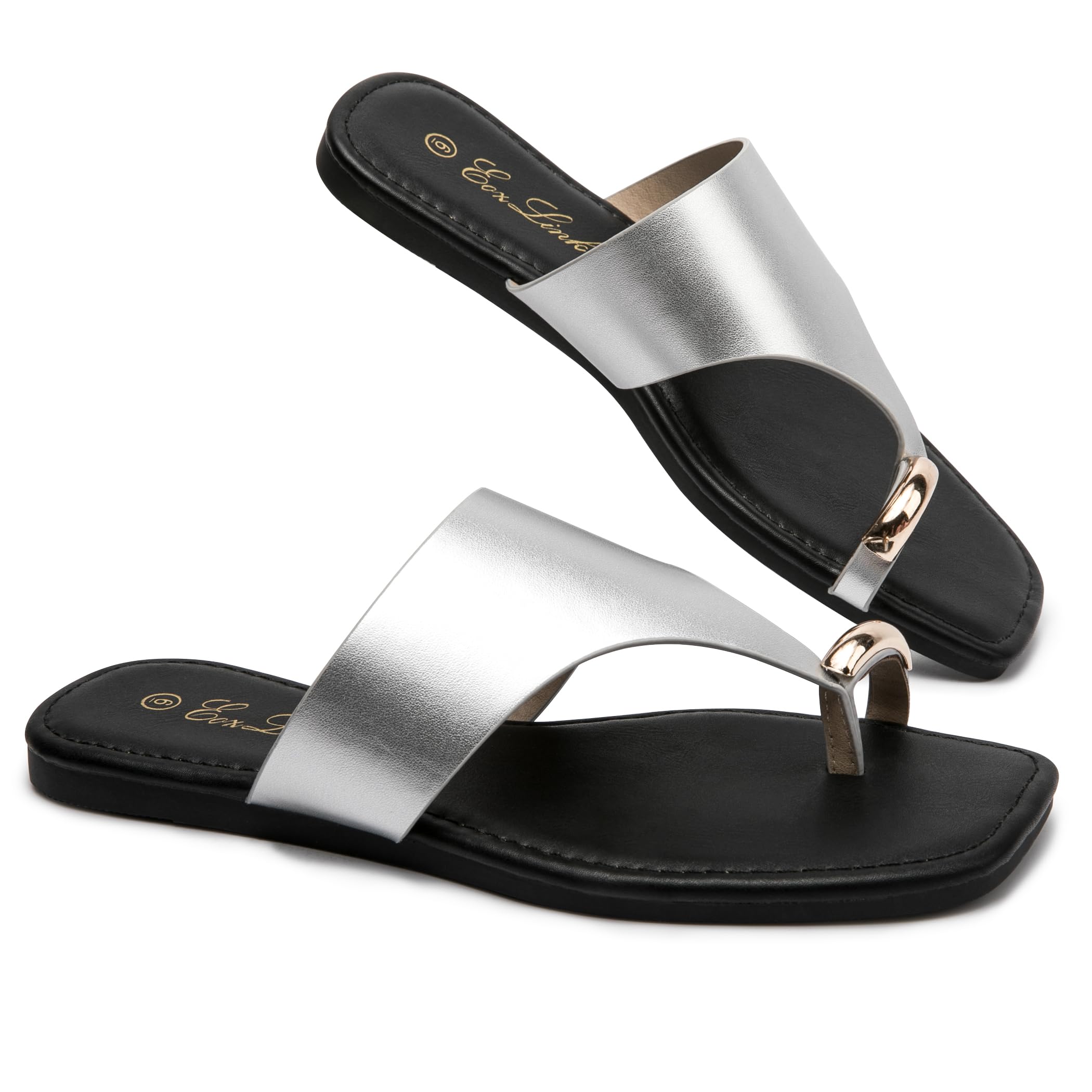 Eozlink Women's Toe Ring Flat Sandals, Slip On Dressy Summer Slides | PU Upper with Square Toe and Metal Accent for Resort and Casual Outfits