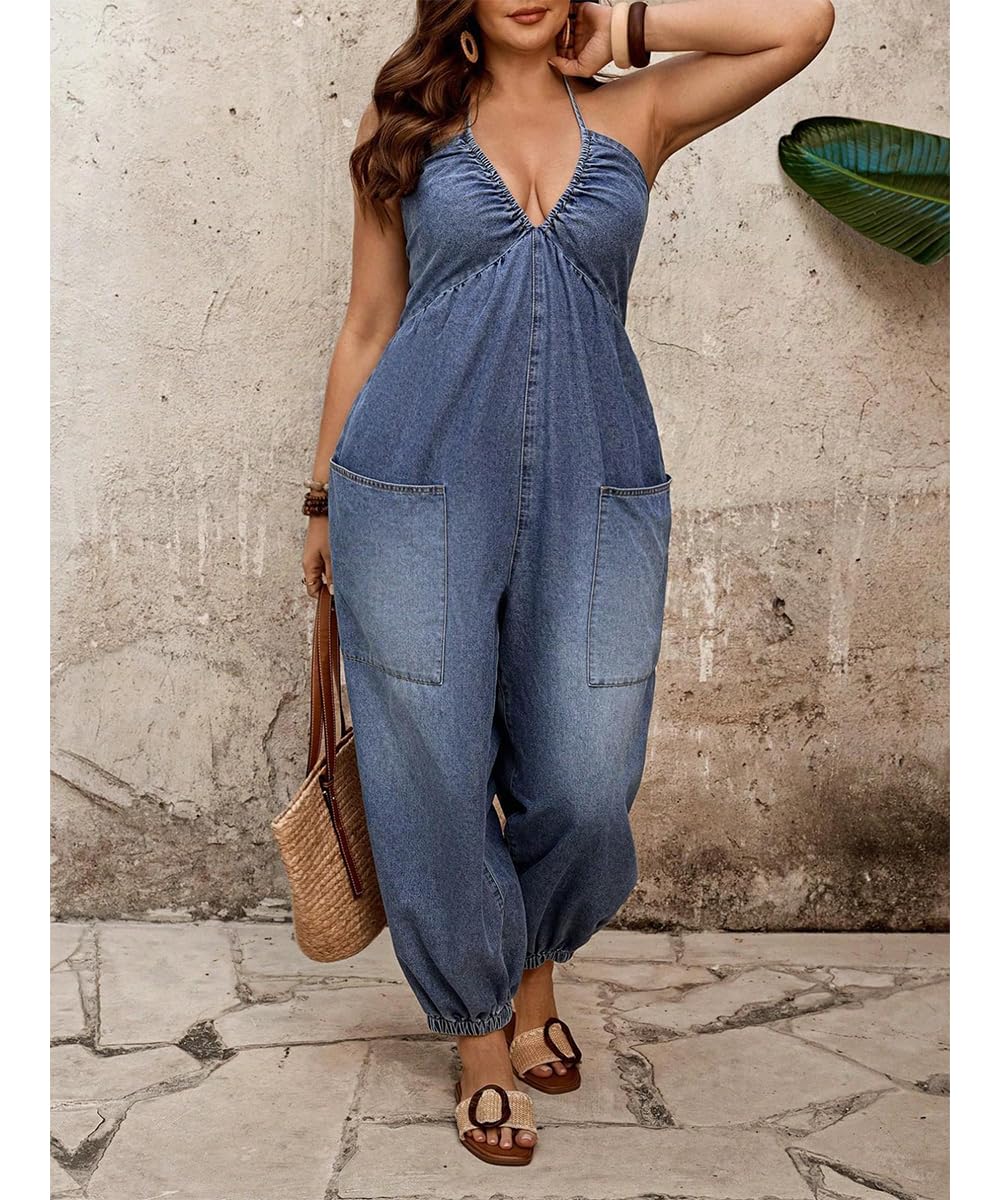 Women's Halter Tie Backless Sleeveless V Neck Baggy Jogger Denim Jumpsuit Casual One Piece Pant Outfit