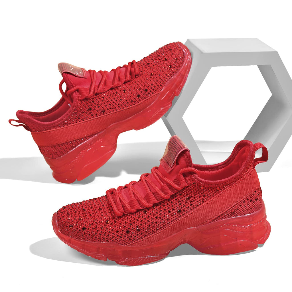 BELOS Women Rhinestone Mesh Slip On Walking Shoes | Fashion Breathable Spakle Glitter Sneaker