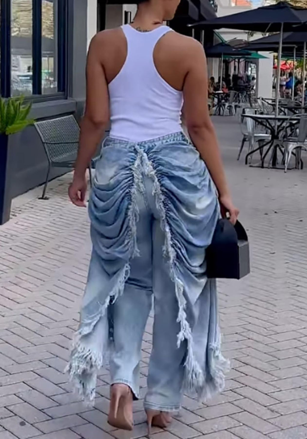 LETSVDO Women's High Waisted Patchwork Jeans Baggy Wide Leg Frayed Fringe Ruched Cargo Harem Hippie Flowy Denim Pants