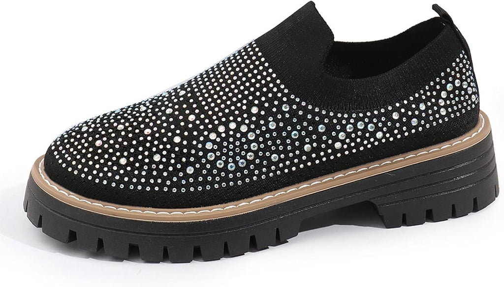 Women's Knit Rhinestone Platform Sock Sneakers Breathable Mesh Round Toe Slip On Lug Sole Loafers Lightweight Walking Sport Casual Shoes