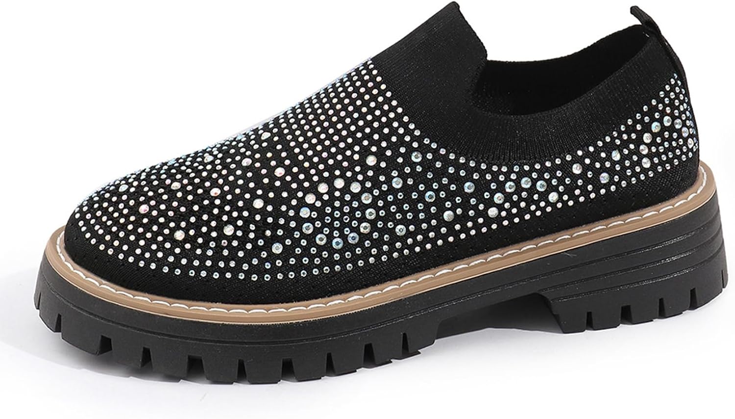 Women's Knit Rhinestone Platform Sock Sneakers Breathable Mesh Round Toe Slip On Lug Sole Loafers Lightweight Walking Sport Casual Shoes