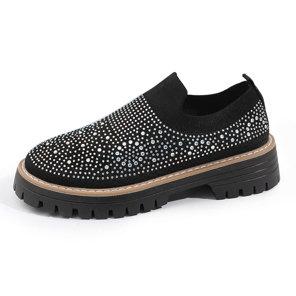 Women's Knit Rhinestone Platform Sock Sneakers Breathable Mesh Round Toe Slip On Lug Sole Loafers Lightweight Walking Sport Casual Shoes