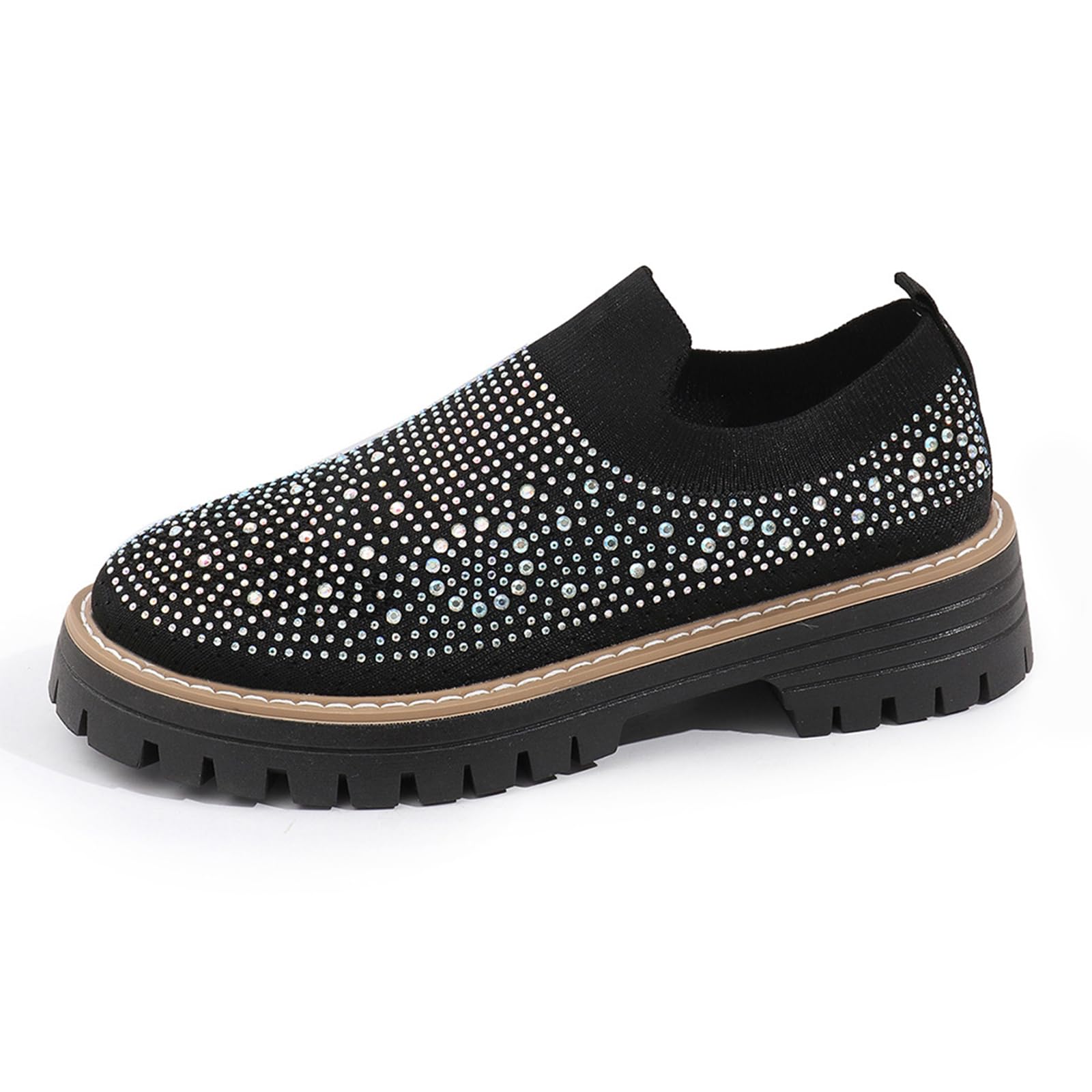 Women's Knit Rhinestone Platform Sock Sneakers Breathable Mesh Round Toe Slip On Lug Sole Loafers Lightweight Walking Sport Casual Shoes