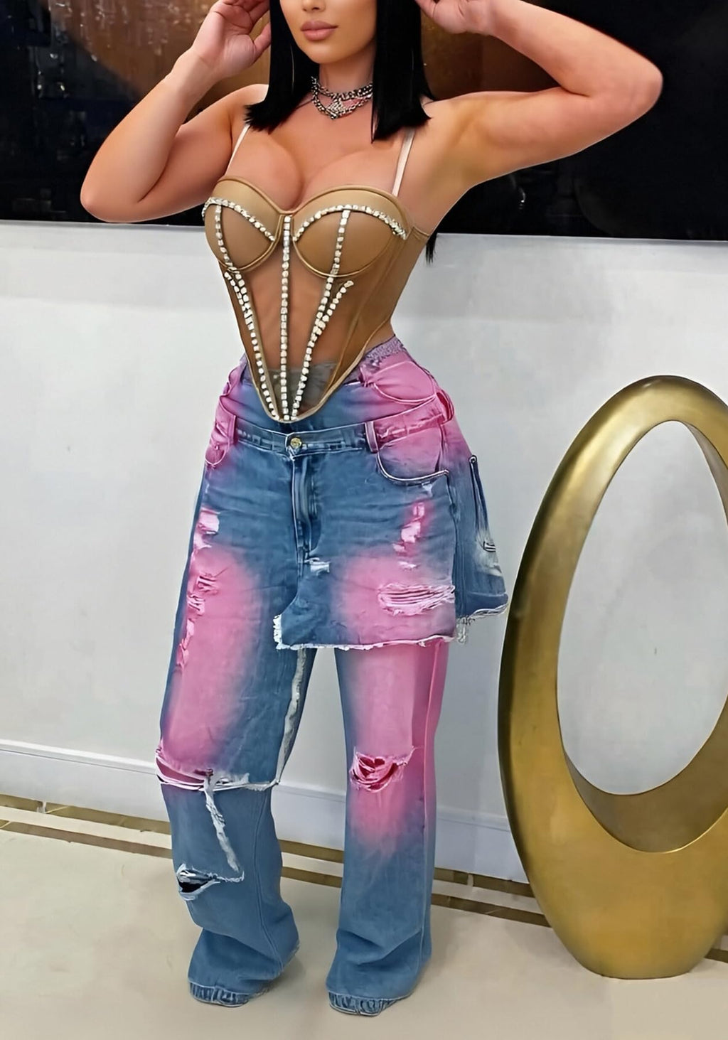 LKOUS Women's Ripped Baggy Jeans High Waist Wide Leg Patchwork Streetwear | Distressed, cutout, Y2K, hip hop, stretchy, soft, pocket, casual, concert, vintage. Machine wash