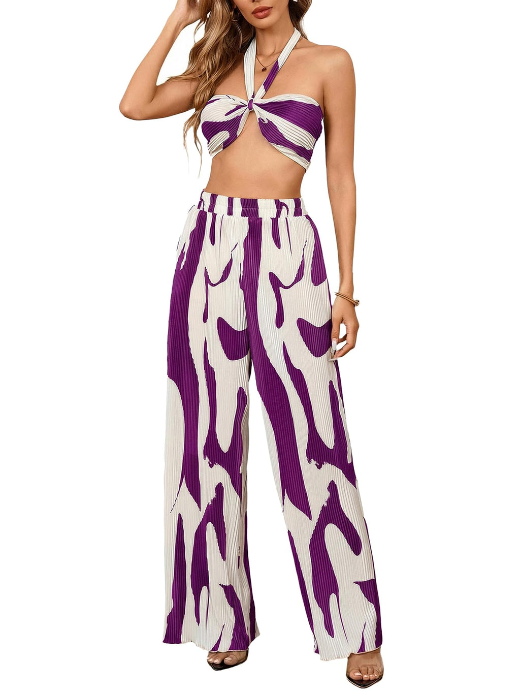 OYOANGLE Women's 2 Piece Graphic Halter Top Wide Leg Pants Vacation Outfits | Knitted, Sleeveless, Crop, High Waist, Beach Club, Summer Sets, Sexy Resort Wear