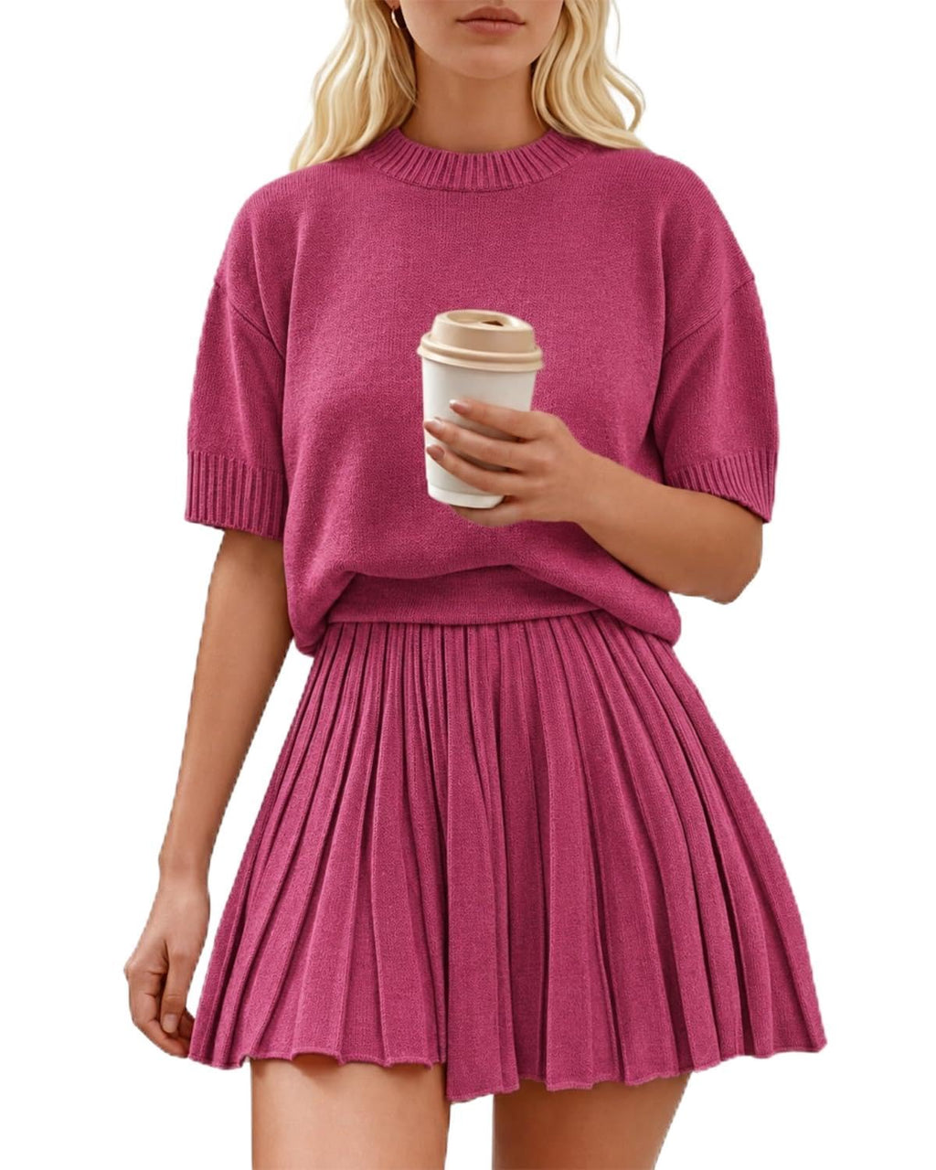 Womens 2 Piece Outfits 2026 Short Sleeve Crewneck Knit Tops And Pleated Mini Skirt Two Piece Sets
