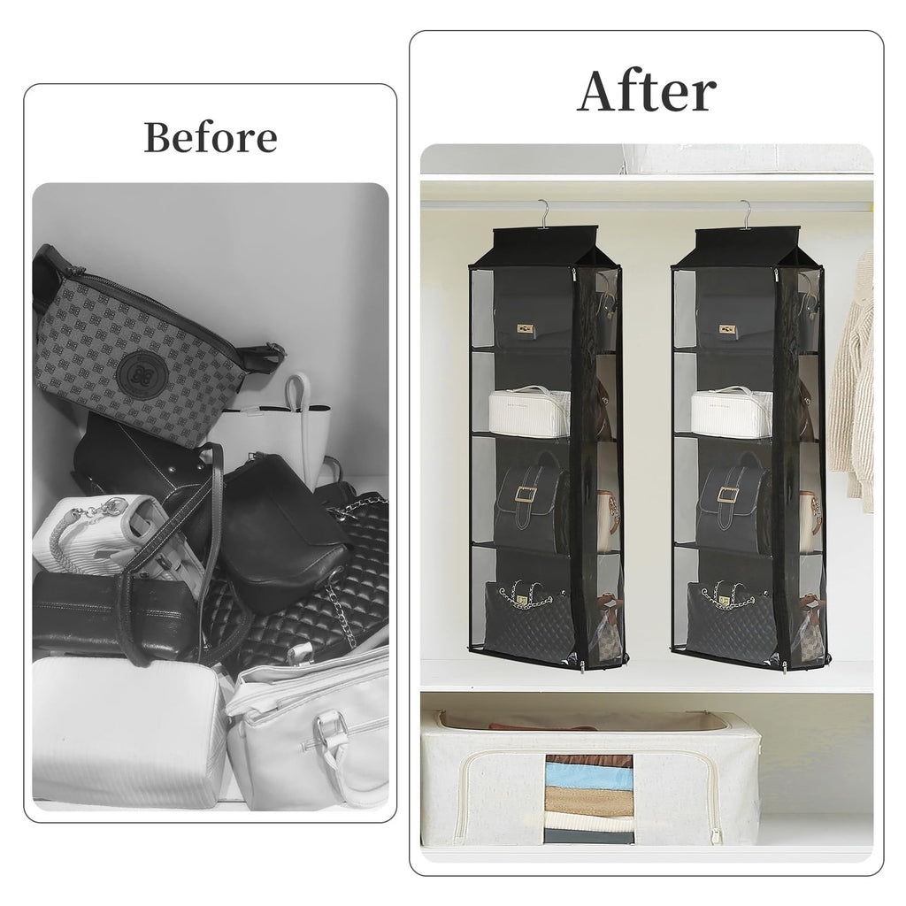 8 Grids in 1 Rotatable Hanging Purse Handbag Organizer with Double Zippers, Visible Purse Organizer for Closet, Fully Enclosed Handbag Storage Holder