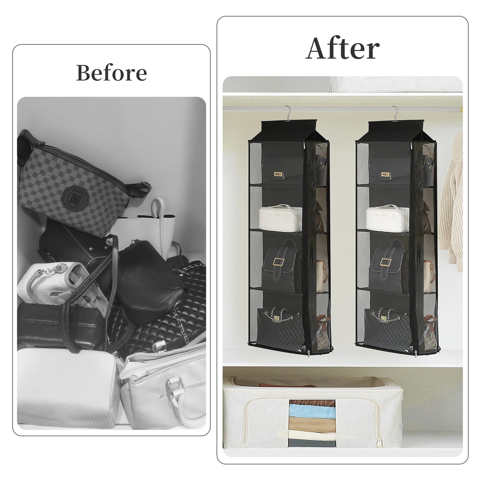 8 Grids in 1 Rotatable Hanging Purse Handbag Organizer with Double Zippers, Visible Purse Organizer for Closet, Fully Enclosed Handbag Storage Holder