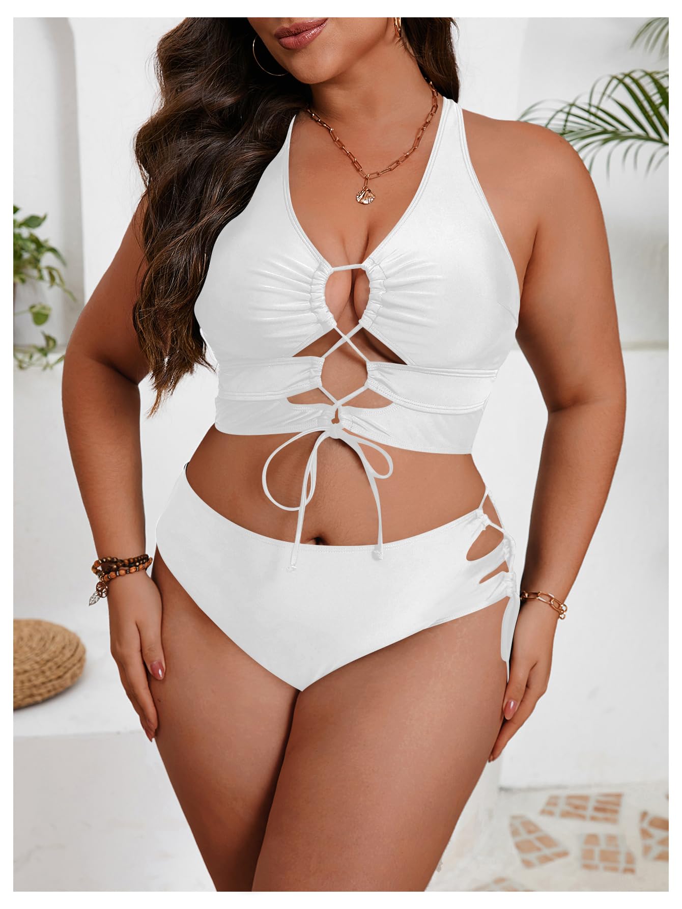 SOLY HUX Womens Plus Size Two Piece Bathing Suit Bikini Swimsuit | Tummy Control, High Waisted Bikini Sets, Adjustable Tie String, Sexy