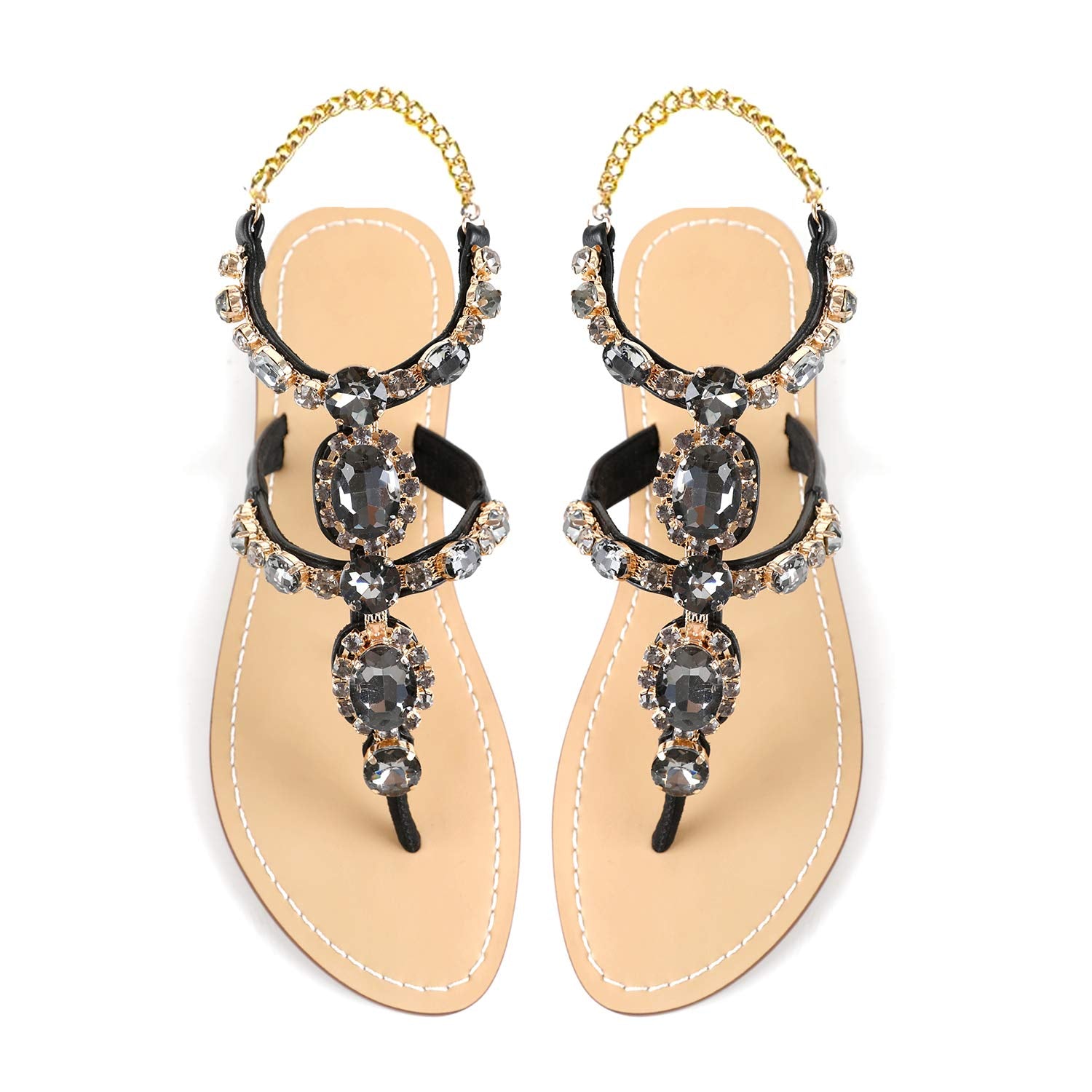 ZhuLinFeng Women'S Rhinestone Gladiator Sandals Flat Wedding Sandals Gem Pearl Sparkling Bridal Bridesmaid Sandals Blue Bohemian Sandals