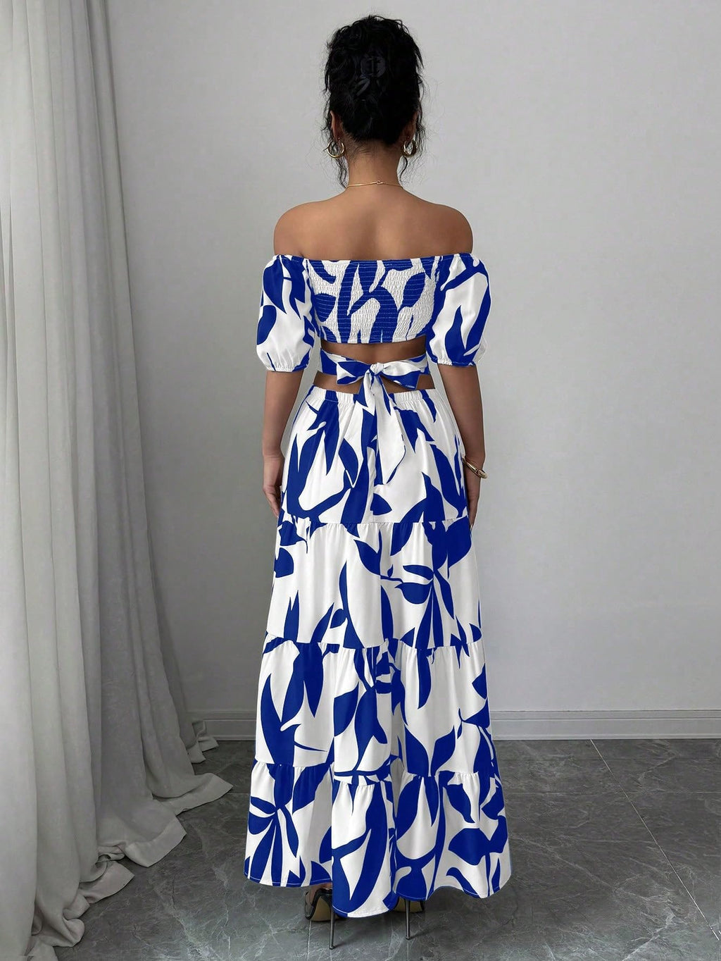 Women's Boho Off The Shoulder Short Sleeve Maxi Dresses Casual Summer Tiered Ruffle Swing Cut Out Flowy Dress